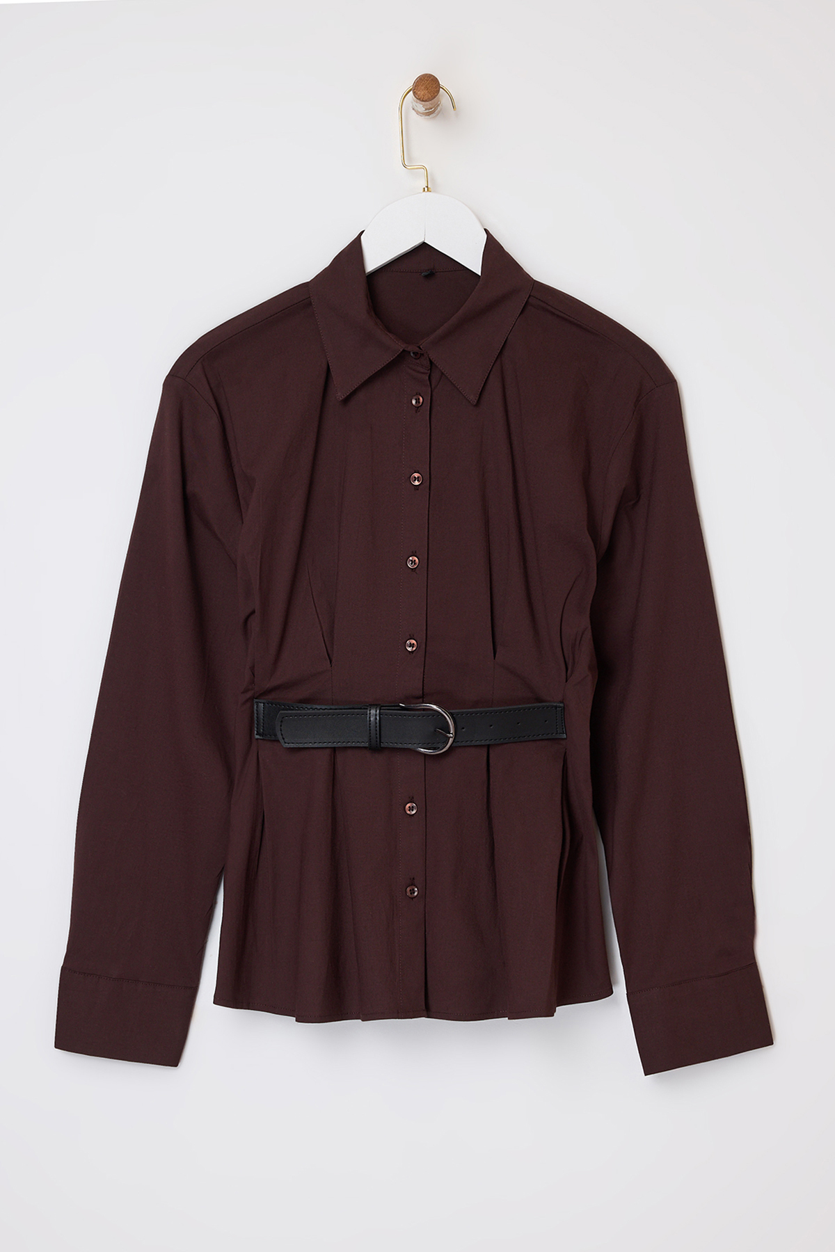 Trendyolmilla  Kahverengi Suni Deri Kemer Detaylı Pileli Gömlek TWOSS26GO00011 - Görsel 5