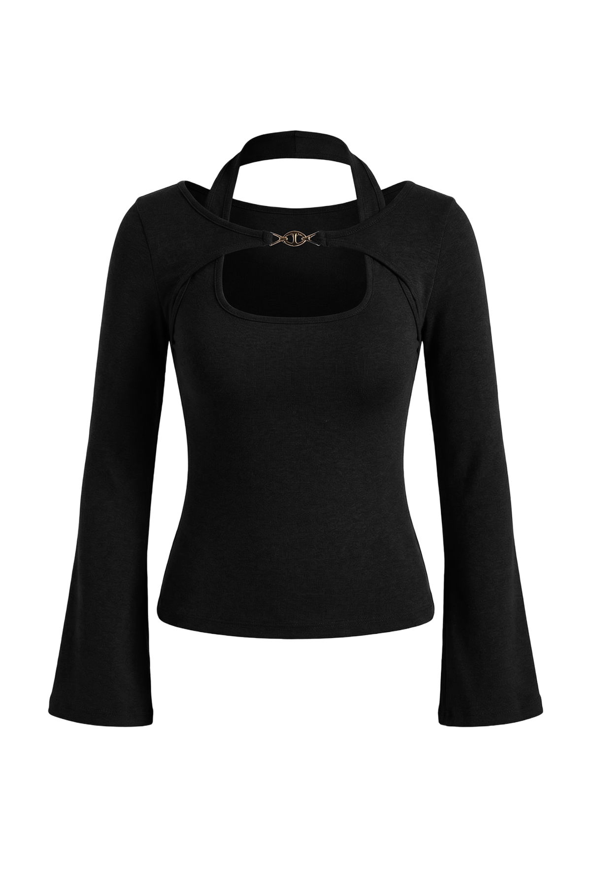 Trendyolmilla  Siyah Fitted/Vücuda Oturan Kayık Yaka Aksesuar Detaylı Pamuk Ribana Örme Bluz TWOSS26BZ00222 - Görsel 5