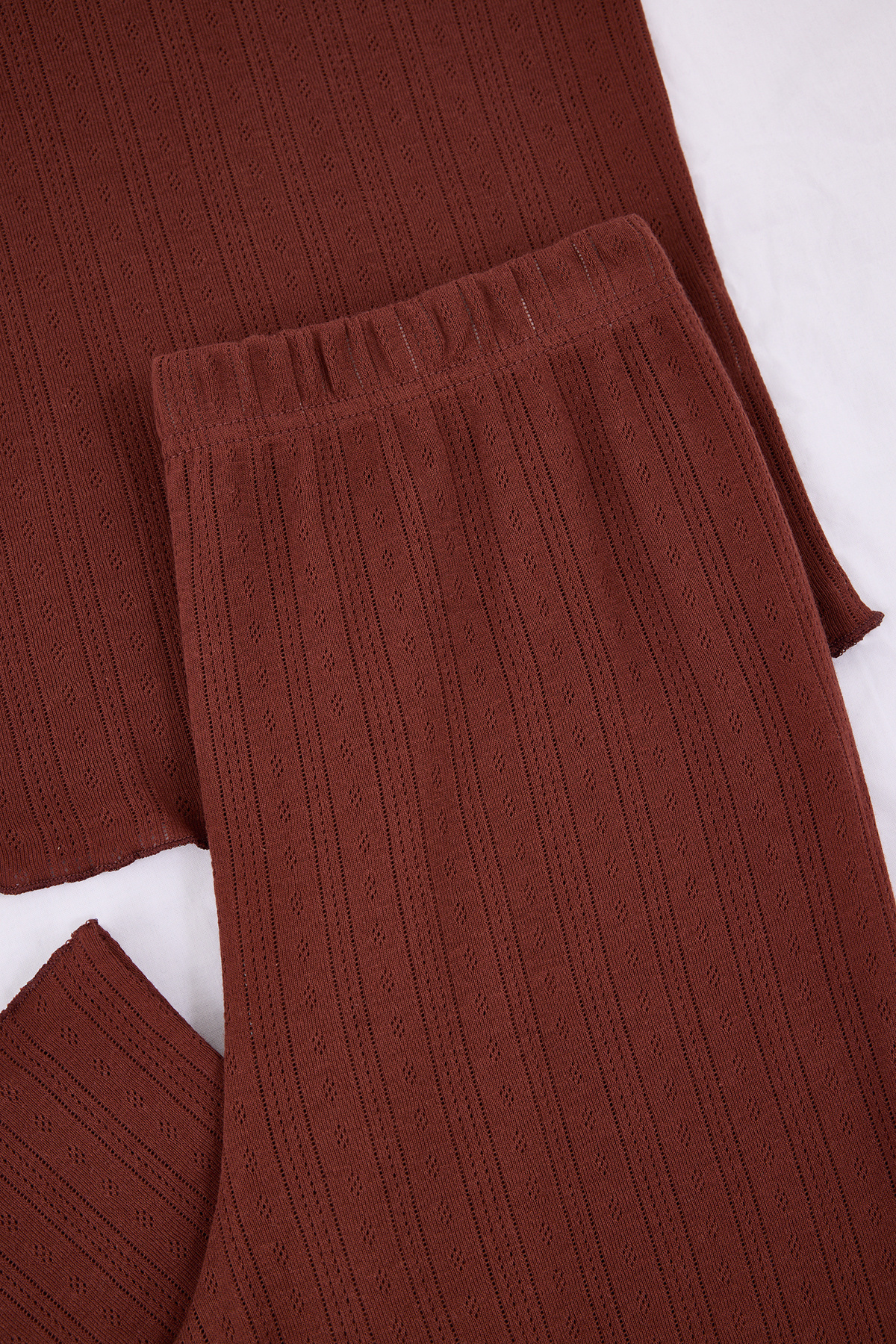 Trendyolmilla  Kahverengi %100 Pamuklu Baby Overloklu Fitilli/Pointel Örme Pijama Takımı THMSS26PT00012 - Görsel 7