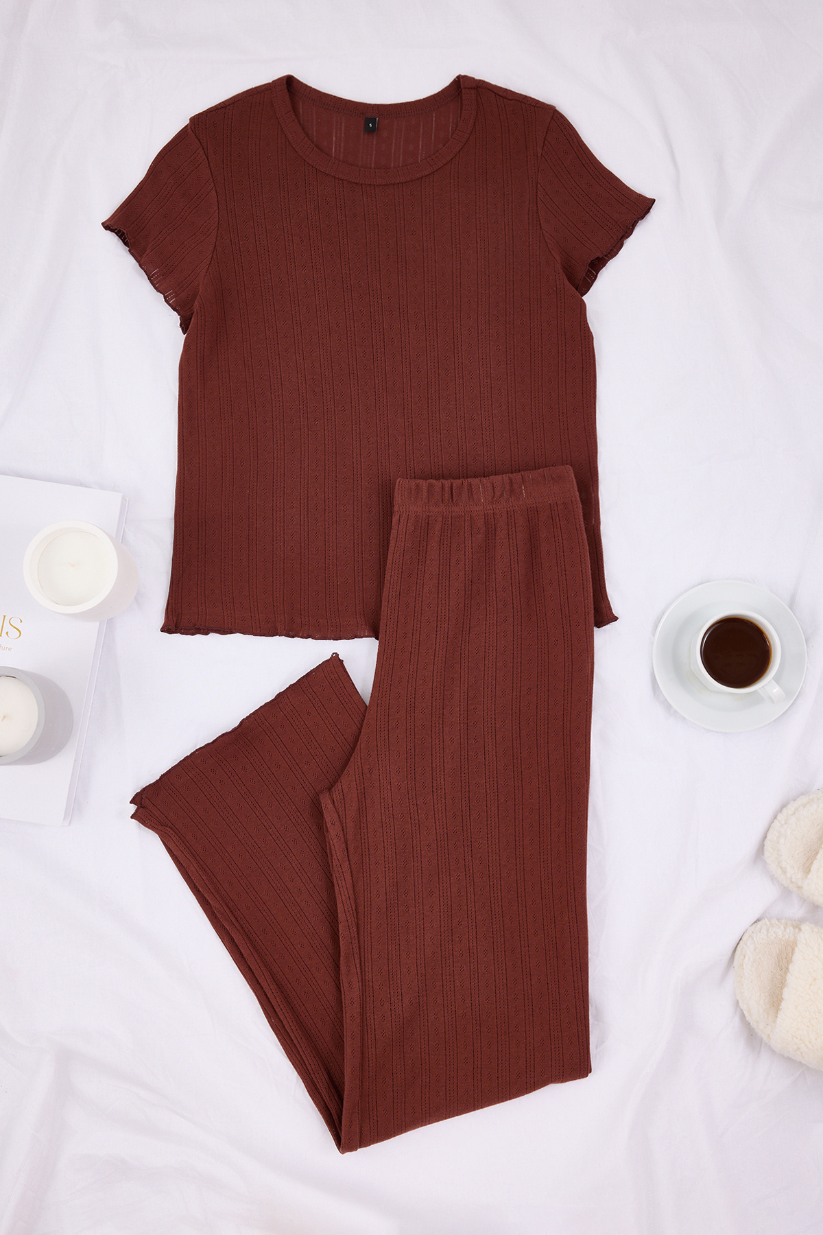 Trendyolmilla  Kahverengi %100 Pamuklu Baby Overloklu Fitilli/Pointel Örme Pijama Takımı THMSS26PT00012 - Görsel 6