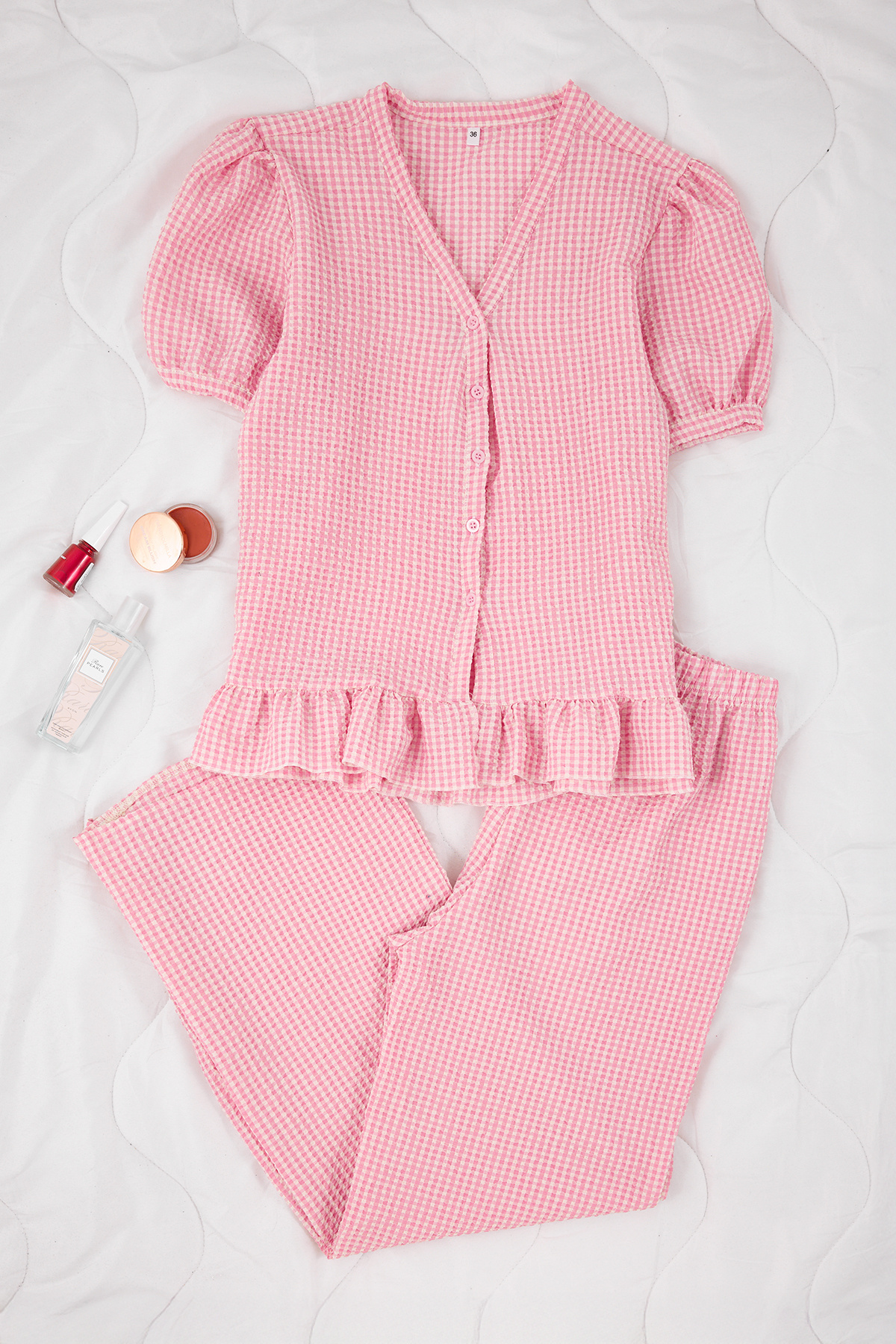 Trendyolmilla  Pembe Ekoseli Fırfırlı Gofre Dokuma Pijama Takımı THMSS26PT00002 - Görsel 7