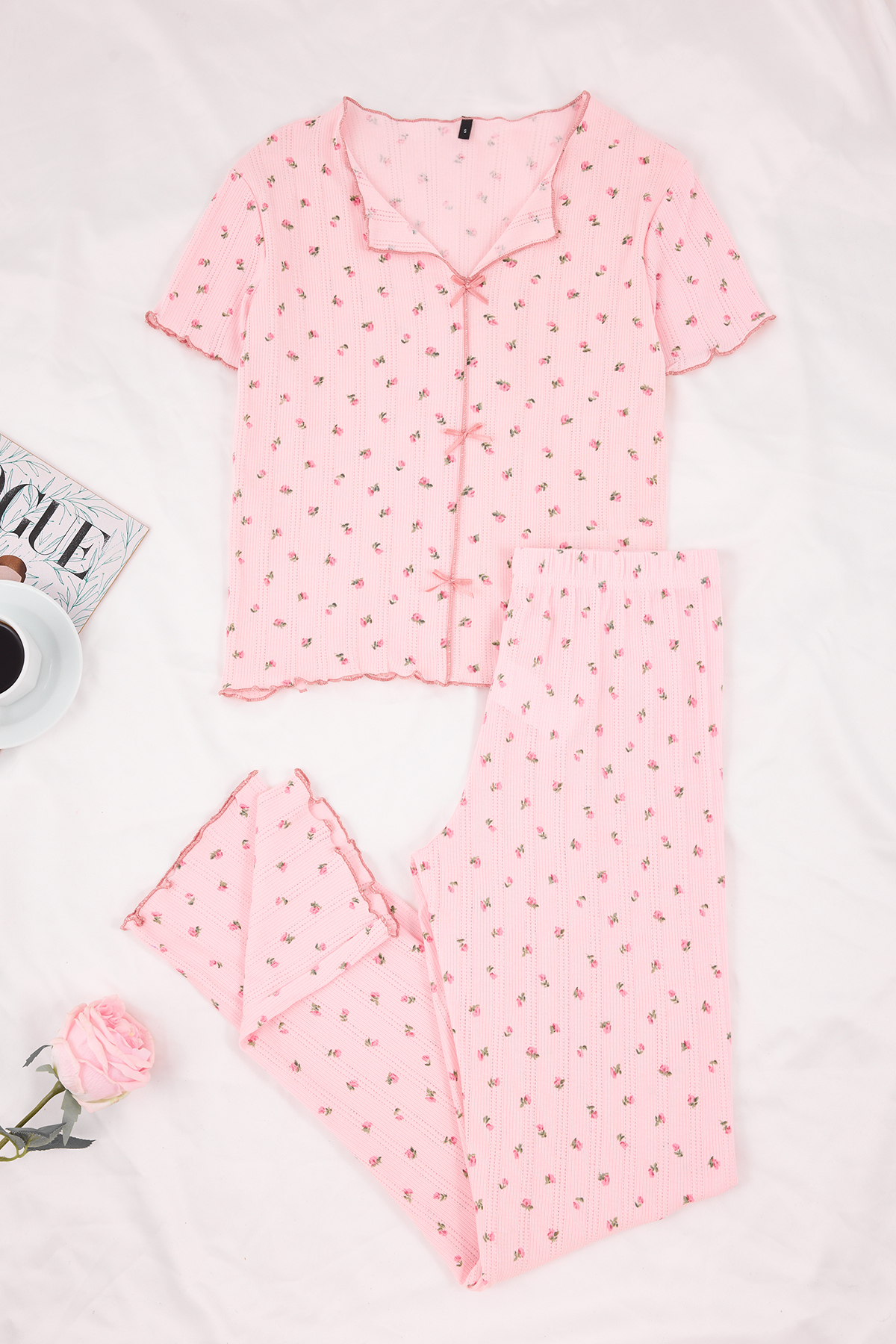 Trendyolmilla  Pembe %100 Pamuklu Çiçekli Kurdele/Fiyonklu Fitilli/Pointel Örme Pijama Takımı THMSS26PT00010 - Görsel 6