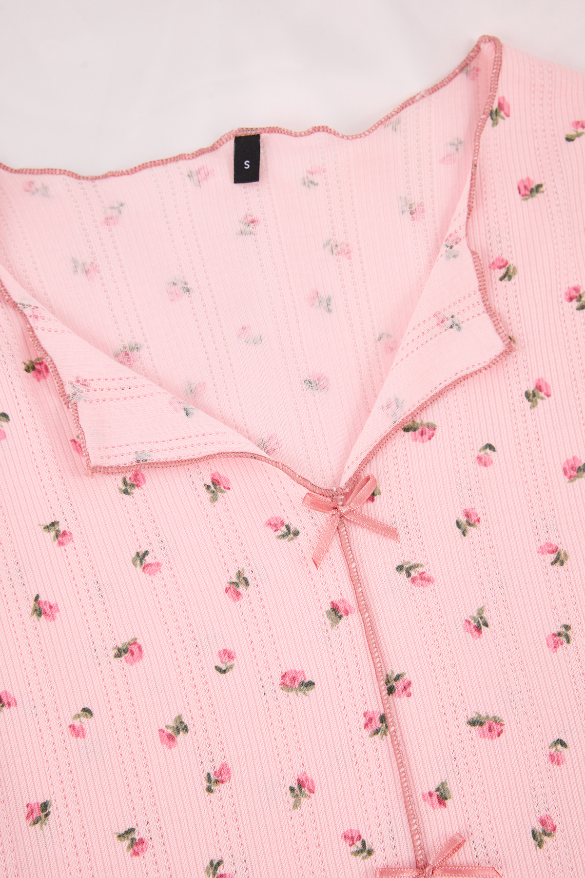 Trendyolmilla  Pembe %100 Pamuklu Çiçekli Kurdele/Fiyonklu Fitilli/Pointel Örme Pijama Takımı THMSS26PT00010 - Görsel 8