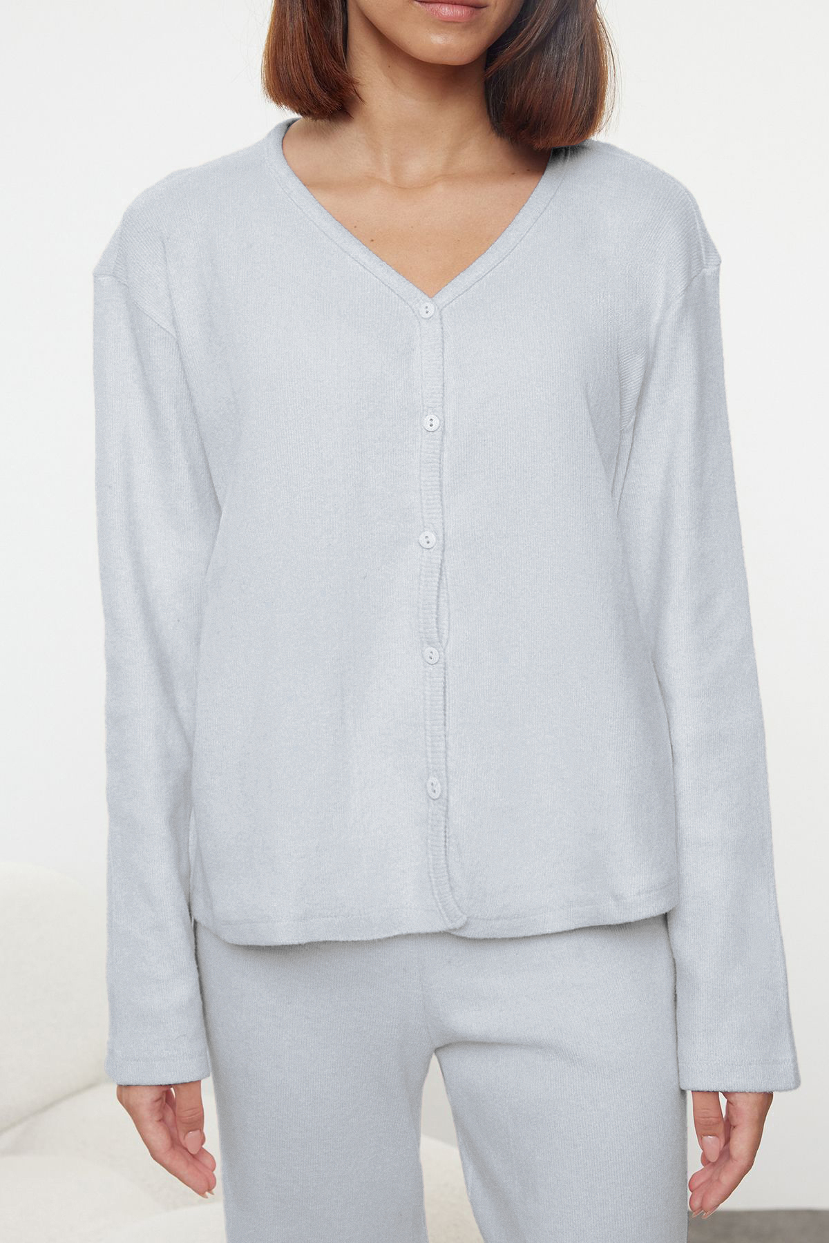 Trendyolmilla  Mavi Fırçalı Soft Fitilli Hırka Örme Pijama Takımı THMAW25PT00074 - Görsel 5