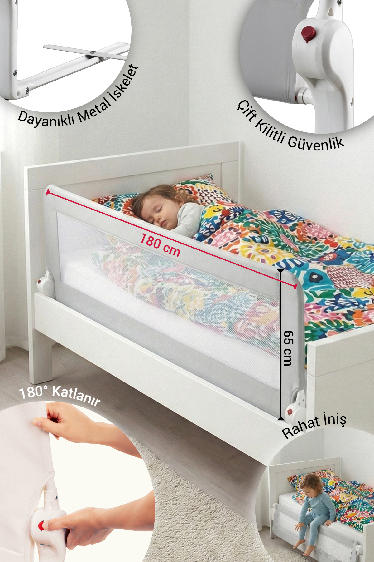 Wellgro 180*65 cm Gri Yatak Bariyeri, Yatak Korkuluğu fotoğrafı 2 (önizleme)