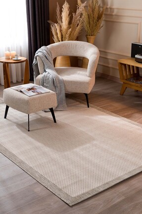 Koza Halı Fresco Antrasit Ekru Iskandinav Yıkanabilir Bordürlü Halı Kilim Bal...