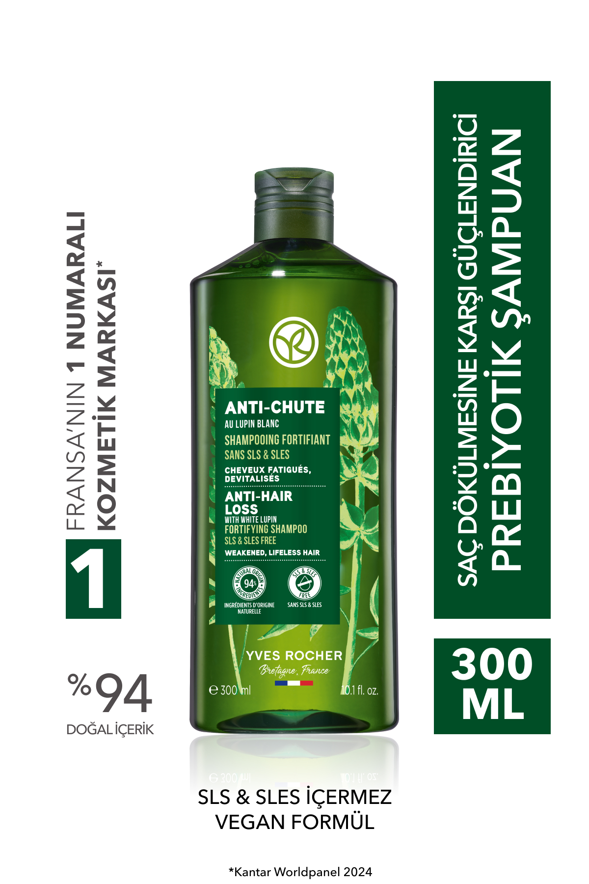 Yves Rocher Güçlendirici Prebiyotik Şampuan-Saç Dökülmesine Karşı/Anti-Chute-SLS,SLES içermez,Vegan-300ml