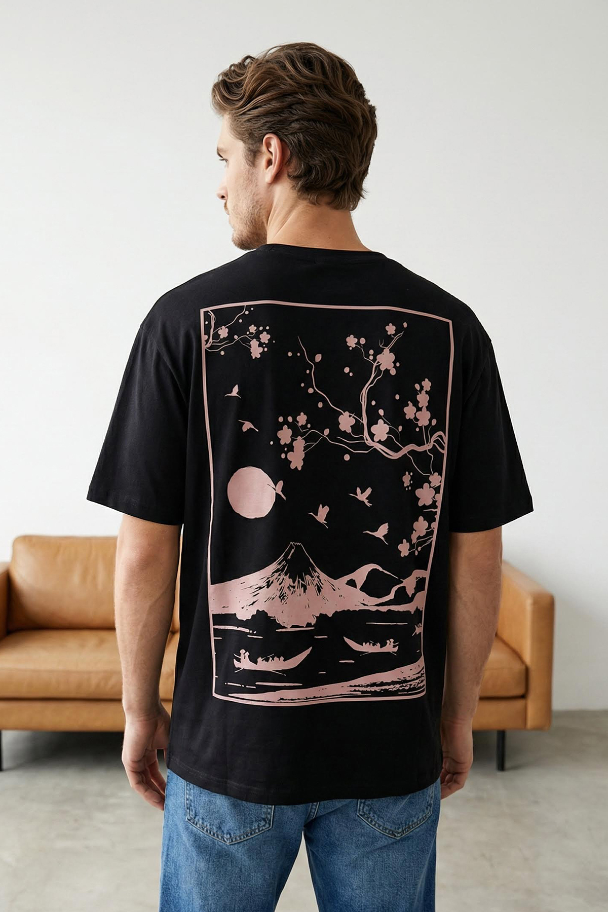 Trendyolmilla Man Siyah Slim/Dar Kesim Japon Ağacı Sırt Baskılı Pamuklu T-Shirt TMNSS25TS00183