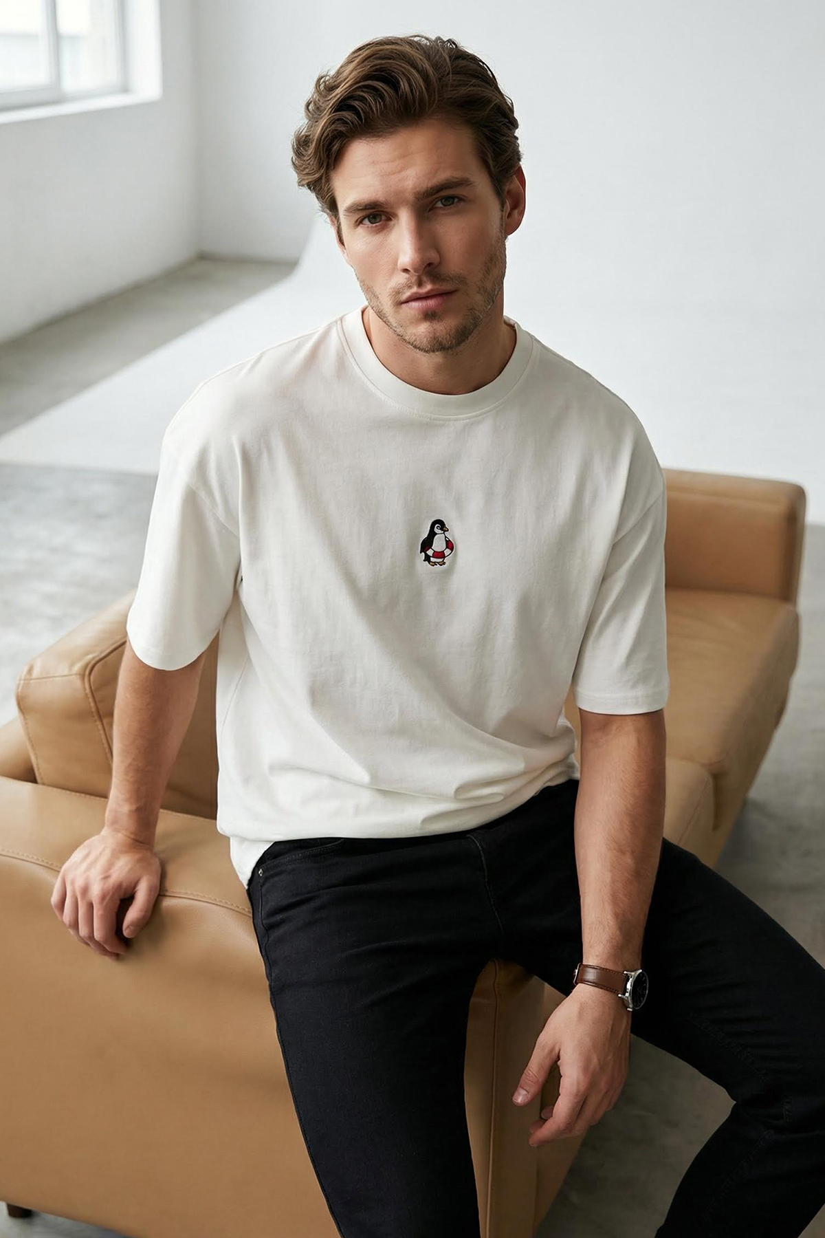 Trendyolmilla  Ekru Oversize/Geniş Kesim Penguen Nakışlı %100 Pamuklu T-Shirt TMNSS23TS00243