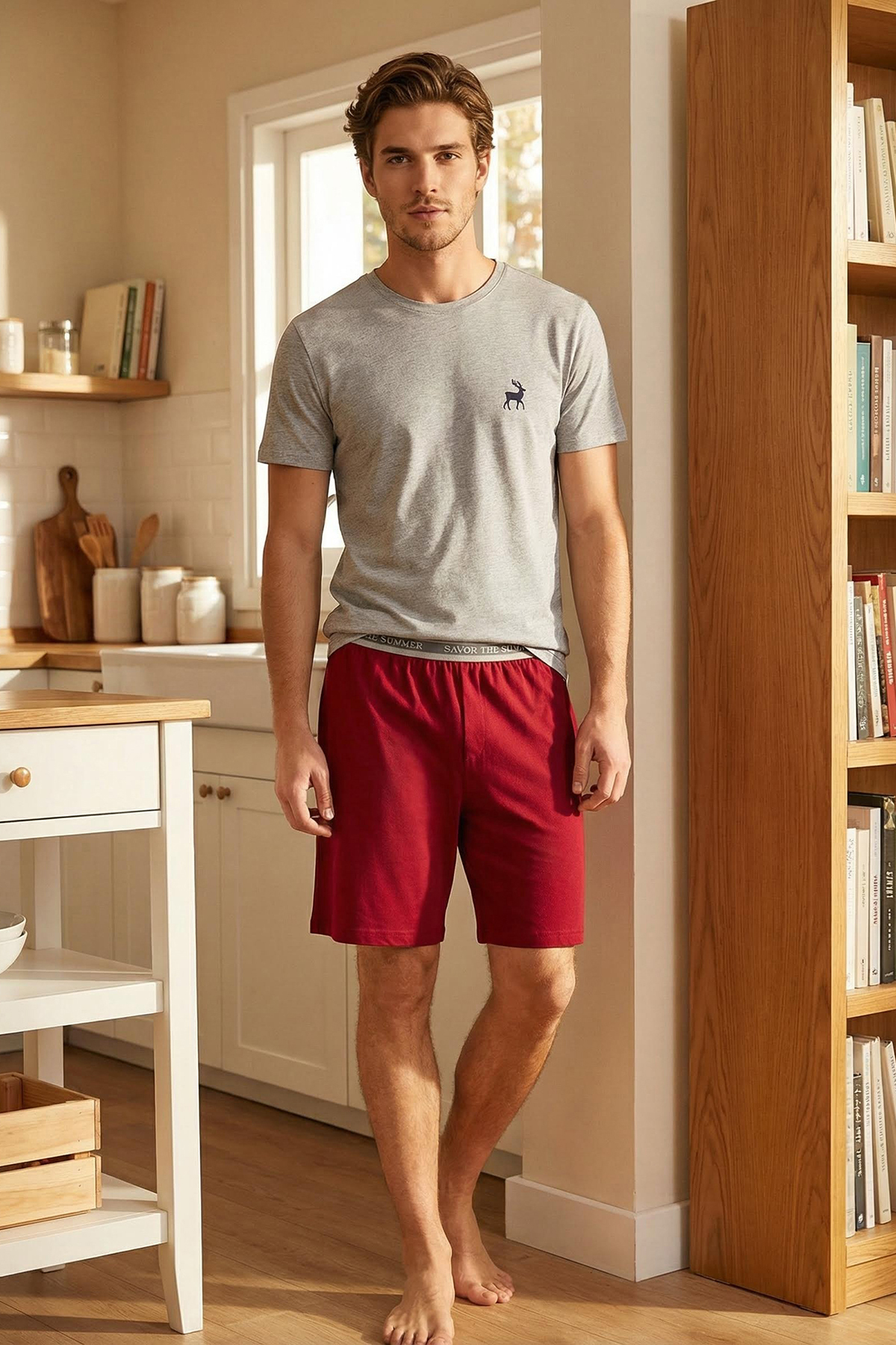 Trendyolmilla Man Gri melanj- Bordo Slim Fit Çeyizlik Geyik Nakışlı Şortlu Örme Pijama Takımı TMNSS25PT00070