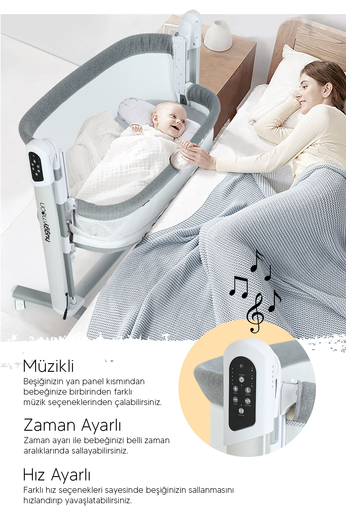 Huggy Moon Akıllı Beşik – Otomatik Sallanabilir, Sensörlü, Kumandalı Anne Yanı Oyun Parkı Beşik fotoğrafı 7 (önizleme)