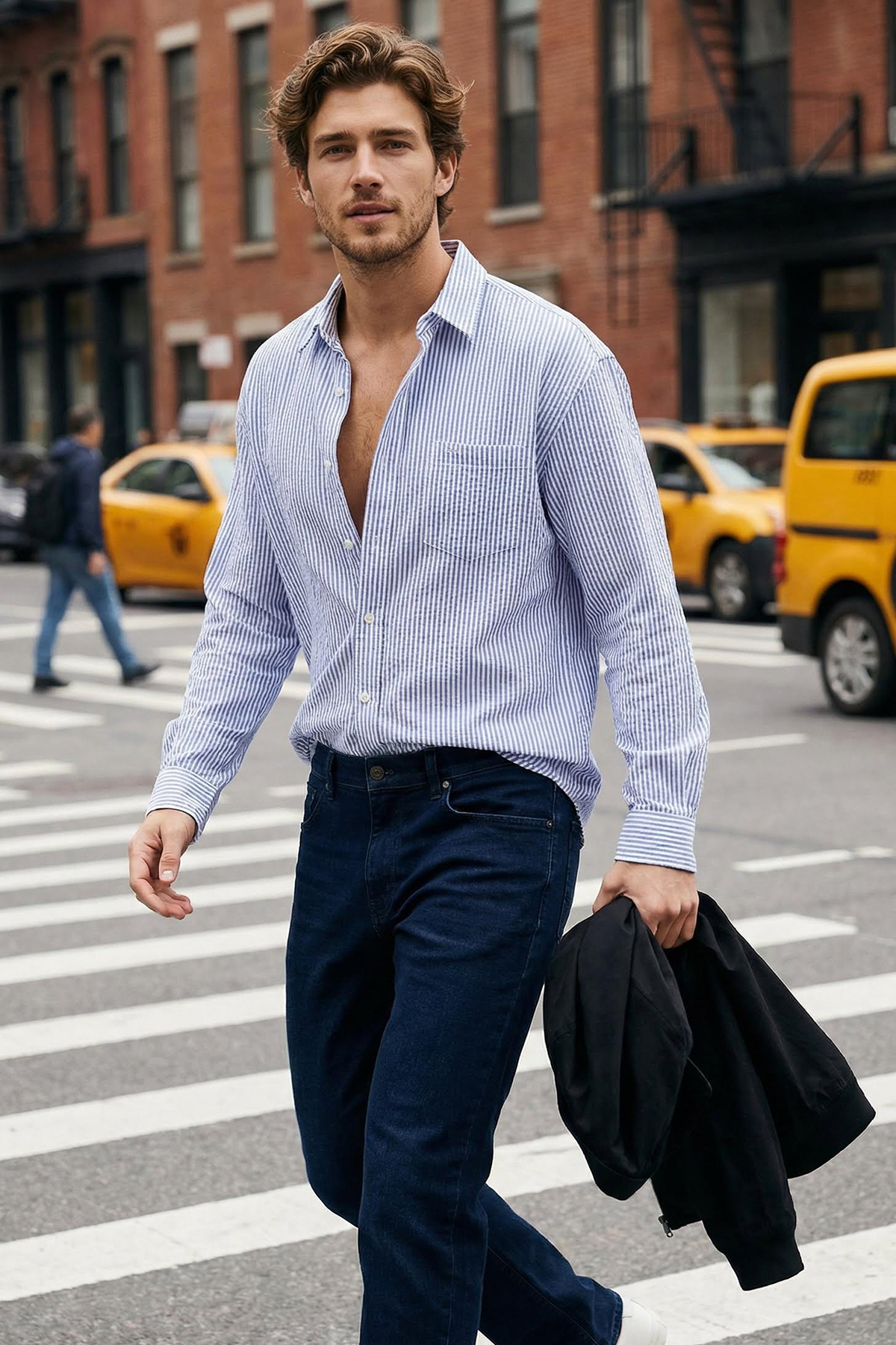 Trendyolmilla  Mavi Oversize Çizgili Gofre Esnek Rahat Kumaş Örme Gömlek TMNSS25GO00024