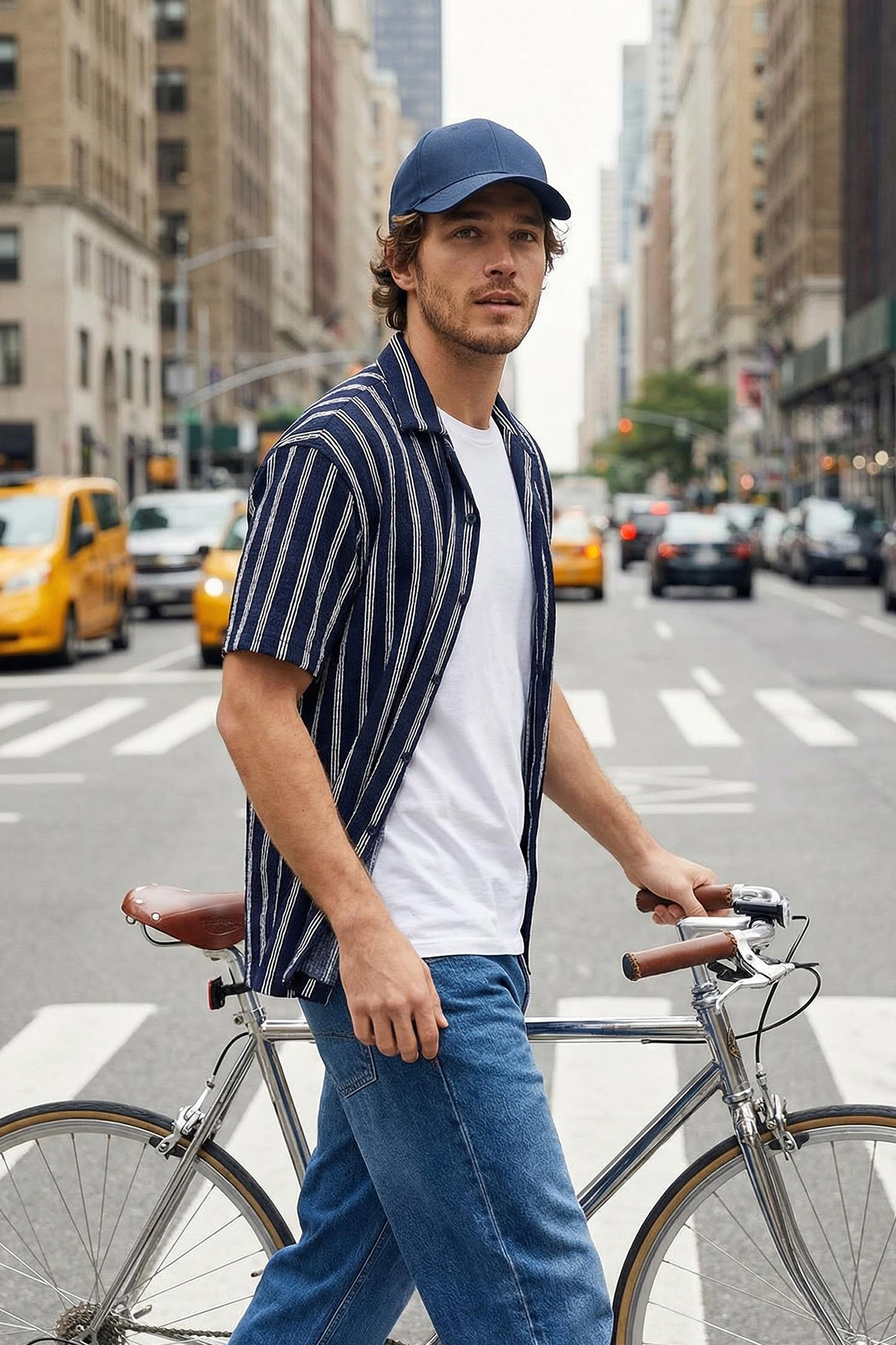 Trendyolmilla Man Lacivert Regular Fit Kısa Kollu Bürümcük Çizgili Salaş Dökümlü Yazlık Gömlek TMNSS25GO00014