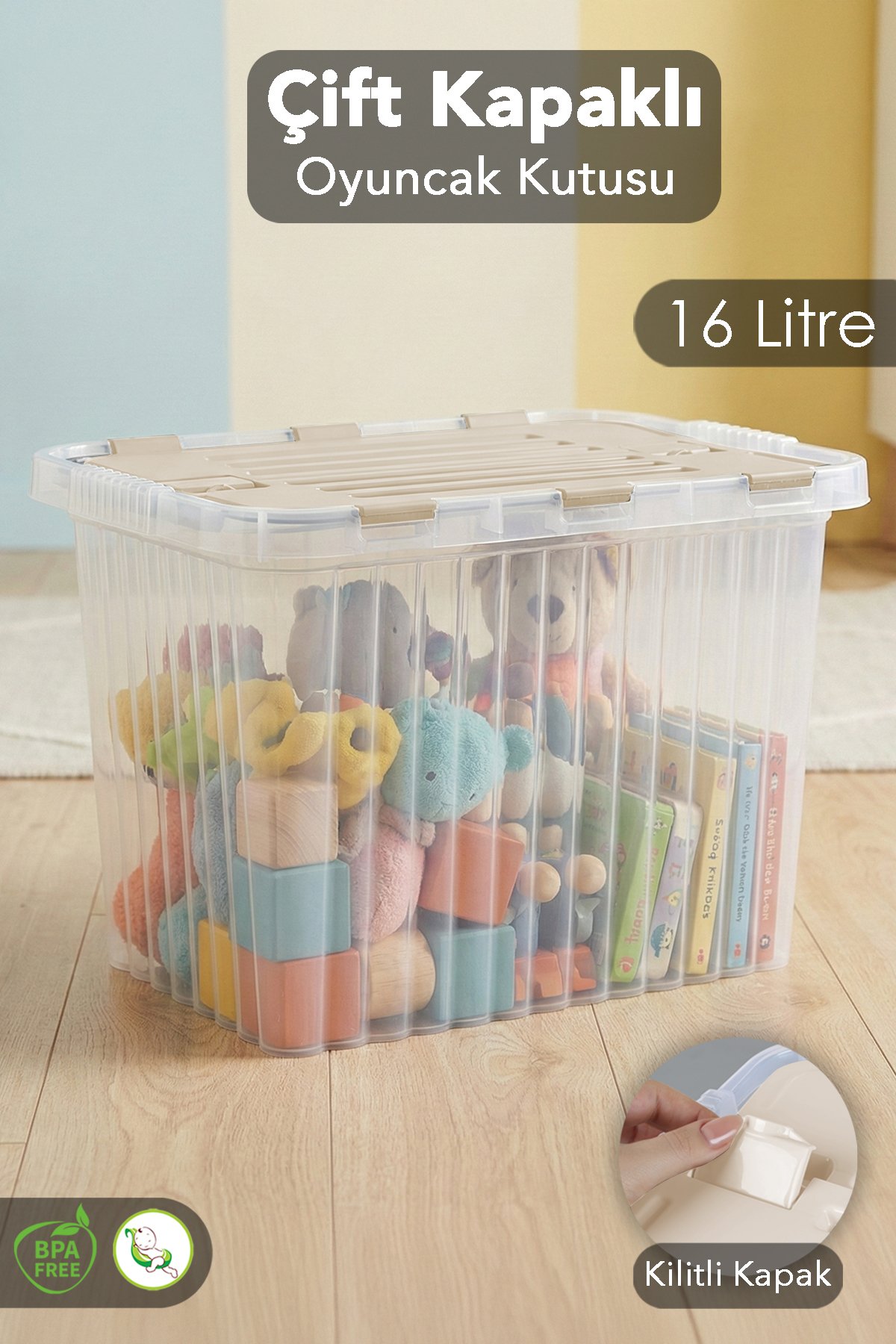 Lock Lid Baby Kids Room Storage Box - Organizer Organizer Toy Box Beige - 16 Lt
