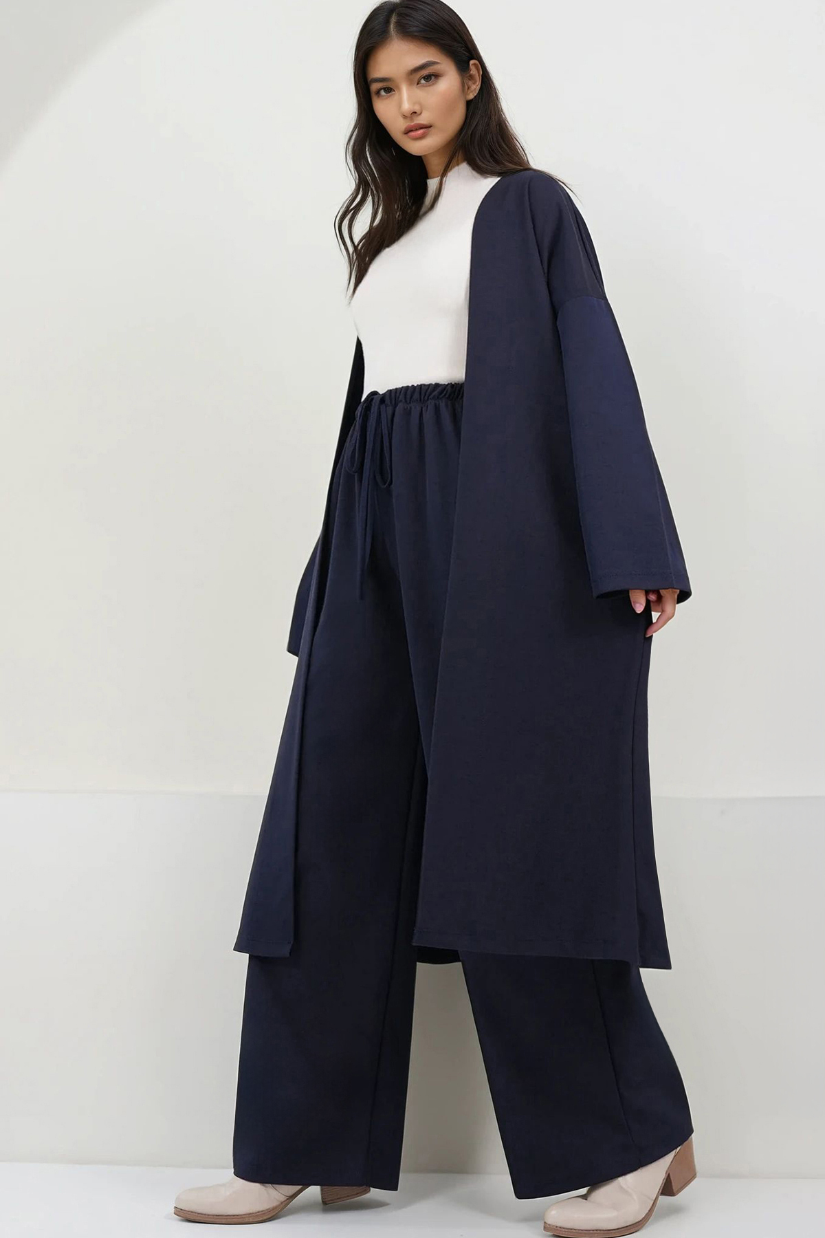 Navy Blue Low Sleeve Long Kimono And Palazzo Pants Set With Double Pockets ALC-X14837