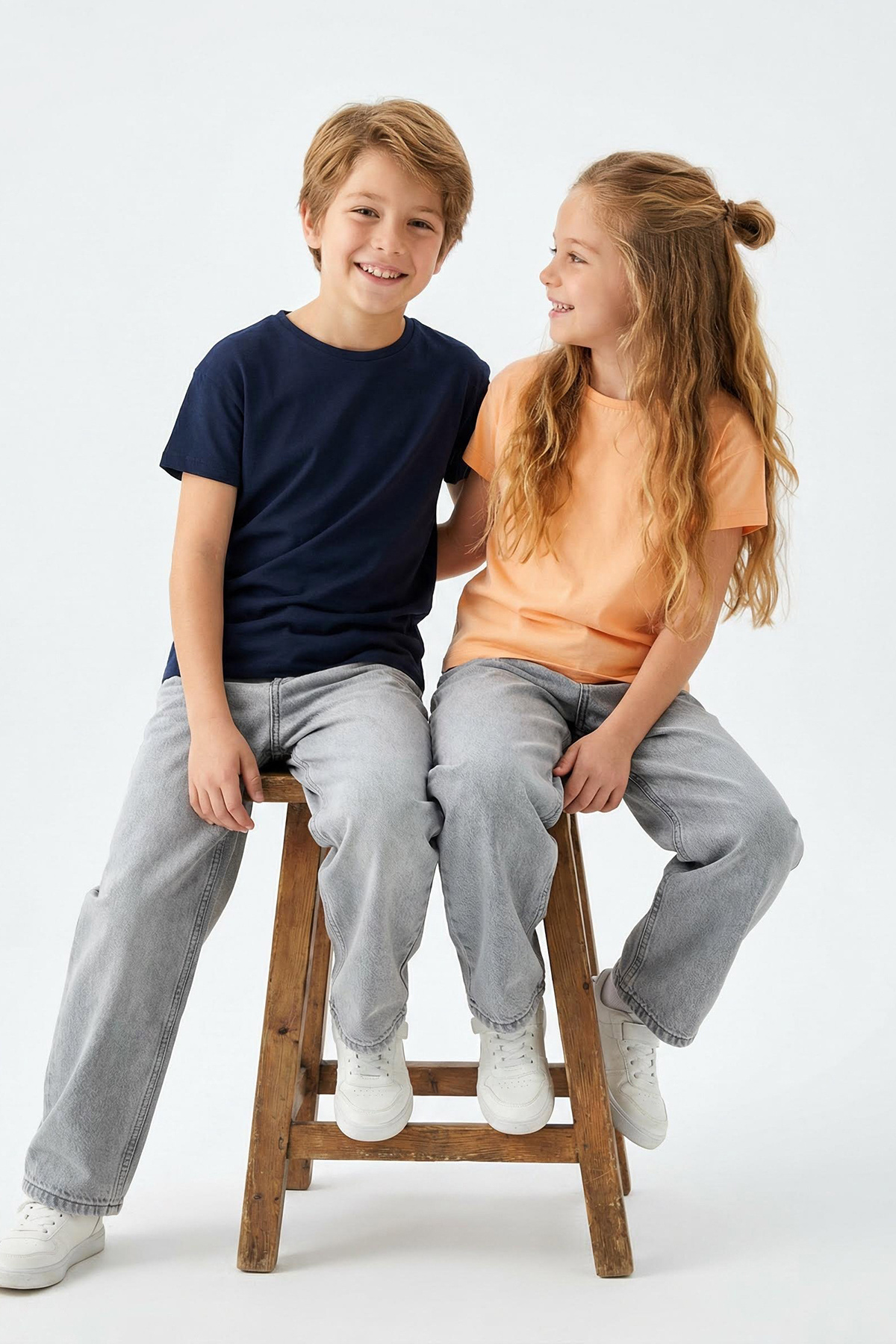 Trendyolmilla Kids Lacivert-Turuncu 2'li Unisex %100 Pamuk Basic Kısa Kol Örme T-Shirt TKDSS25TS00102
