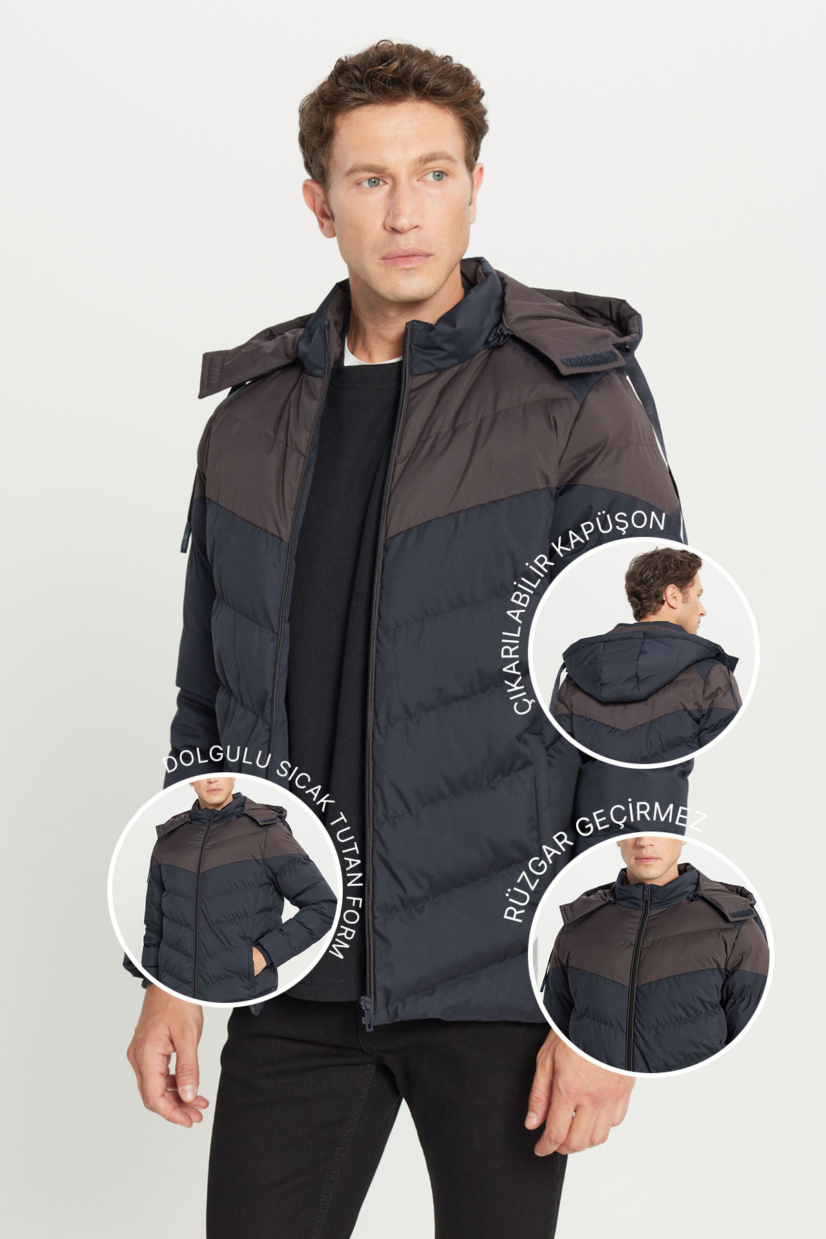 AC&Co / Altınyıldız Classics  Erkek Lacivert-Kahverengi Soğuk Geçirmez Mont Kaban Normal Kesim Dik Yaka Kapüşonlu Yan Cepli