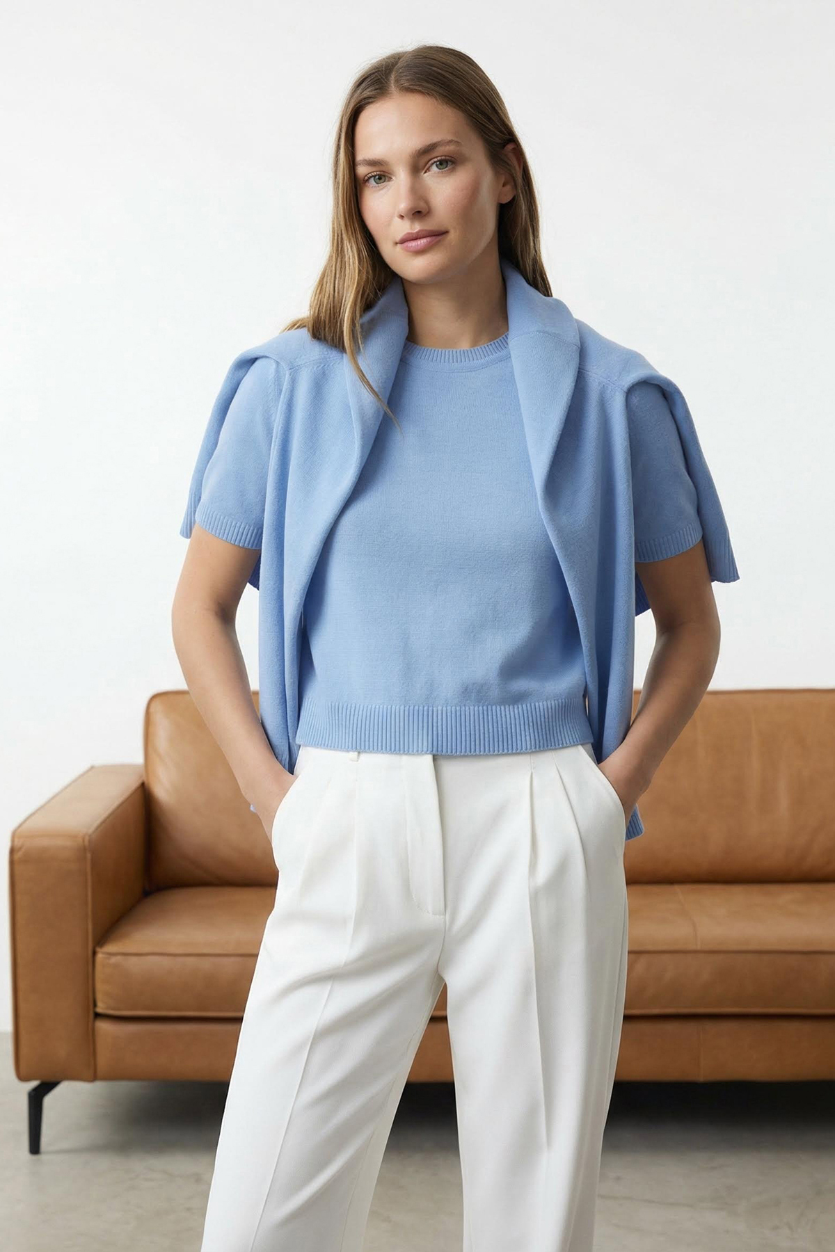 Kolekcia Trendyol Pletené veci Blue Cardigan-Blouse Twoaw25Hi00216