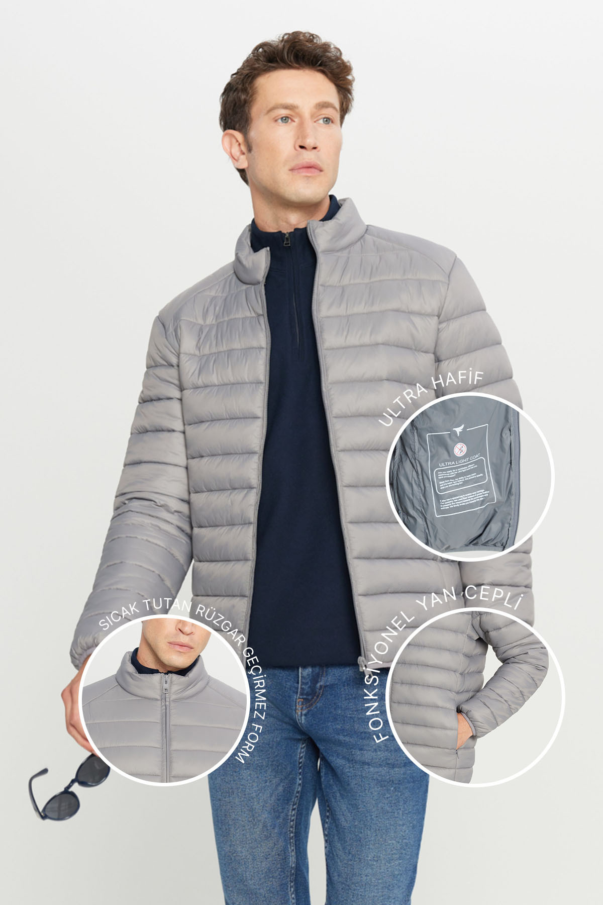 AC&Co / Altınyıldız Classics  Rüzgar Geçirmez Sıcak Tutan Ultra Hafif Standart Fit Gri Şişme Erkek Mont