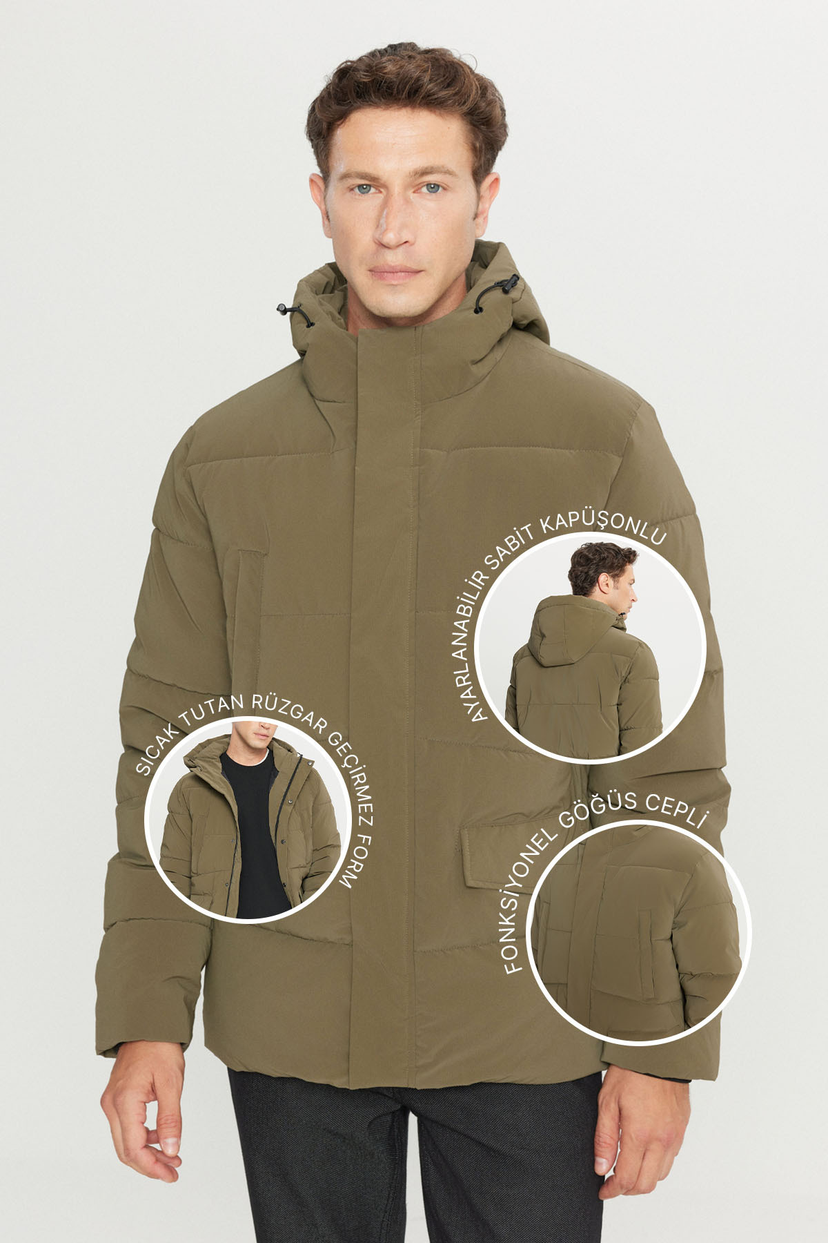 AC&Co / Altınyıldız Classics  Erkek Haki Soğuk Geçirmez Sıcak Tutan Dolgulu Mont Kaban Standart Fit Dik Yaka Kapüşonlu Kapak Cepli