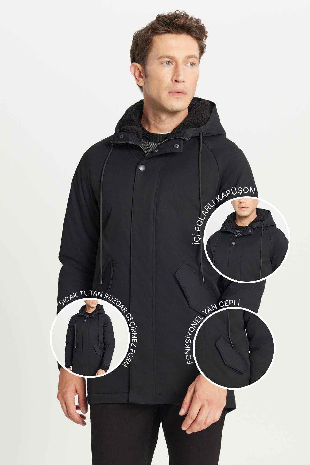AC&Co / Altınyıldız Classics Erkek Siyah Soğuk Geçirmez Mont Kaban Standart Fit Normal Kesim Kapüşonlu Dik Yaka Yan Cepli