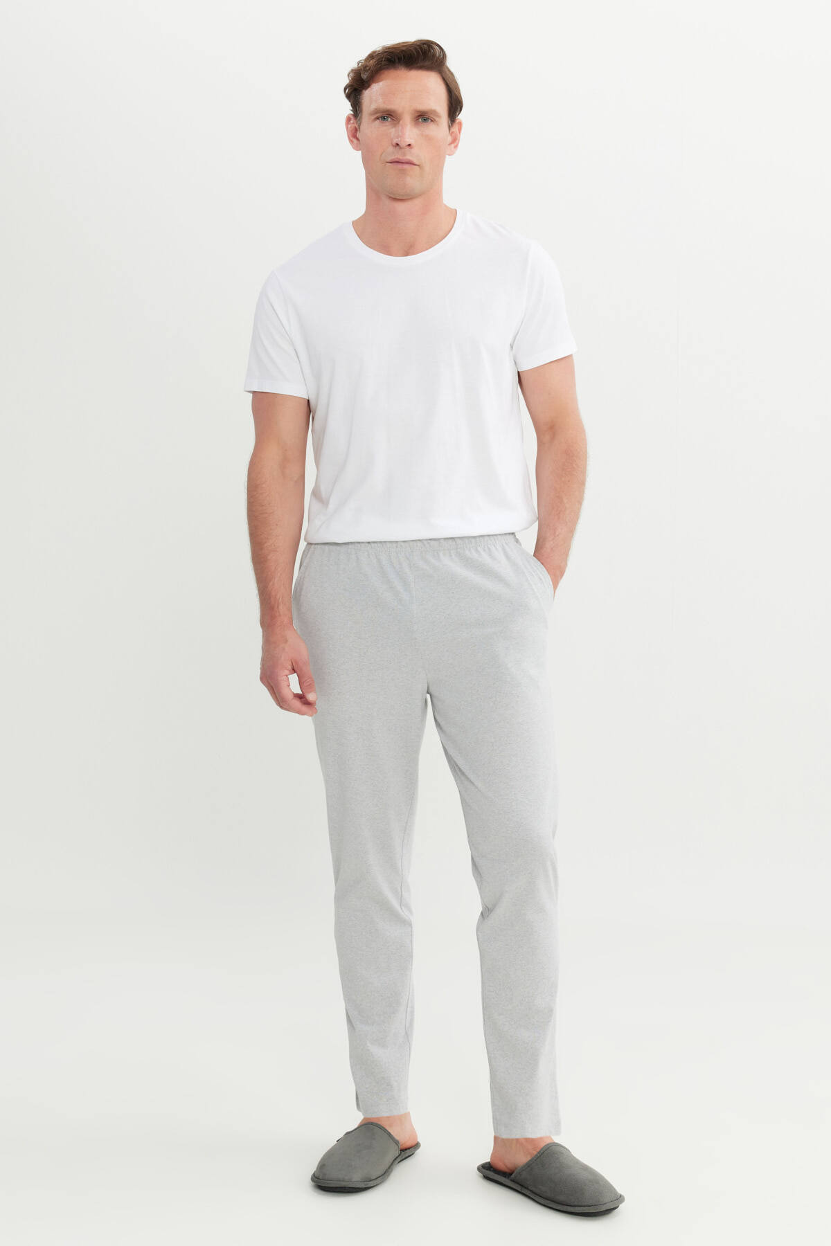 Men's Gray Melange Cotton Standard Fit Normal Cut Elastic Waist Pajama Bottom with Pocket