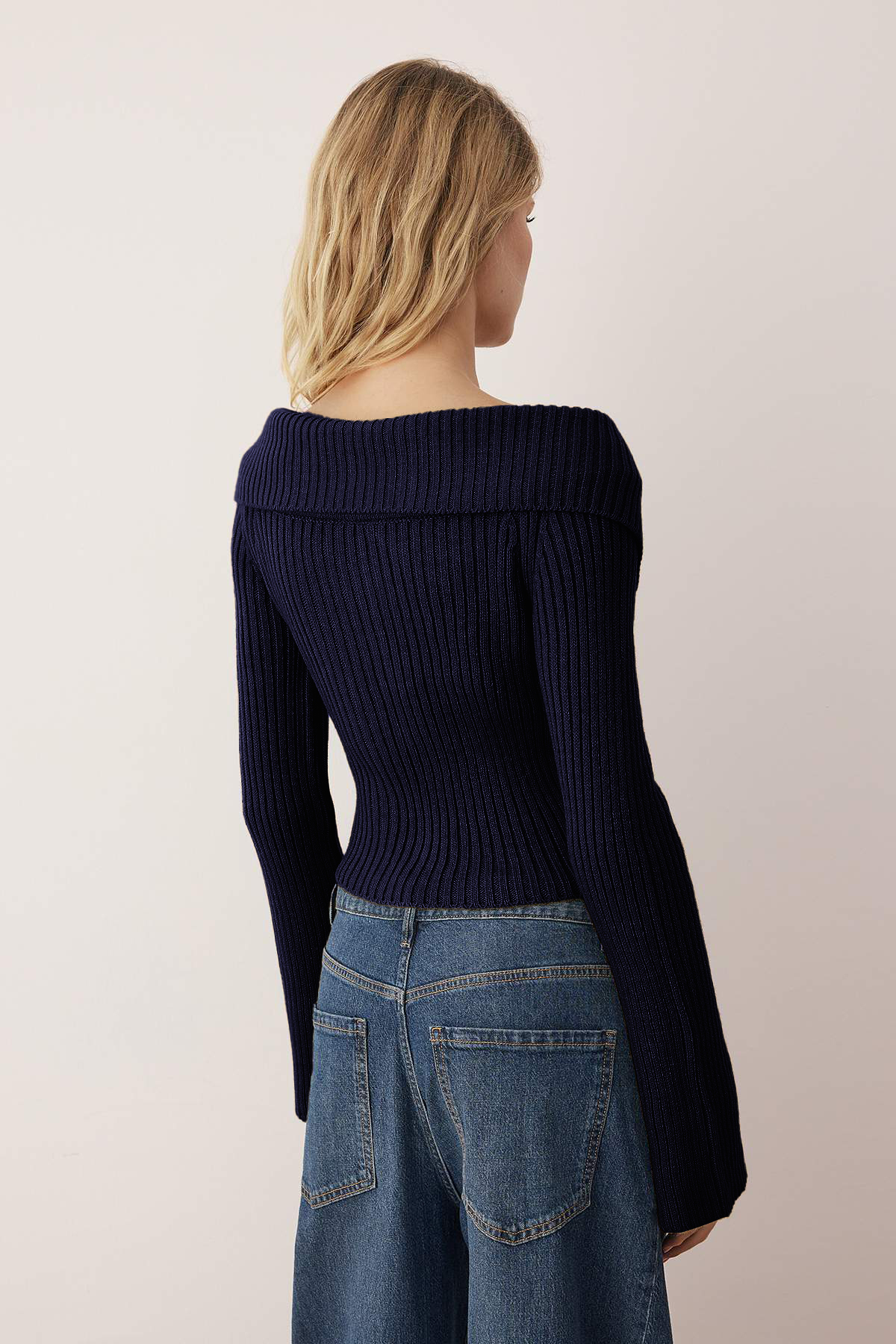 Trendyolmilla  Lacivert Devrik Yaka Çift Fermuarlı Triko Hırka TWOAW26HI00282 - Görsel 4