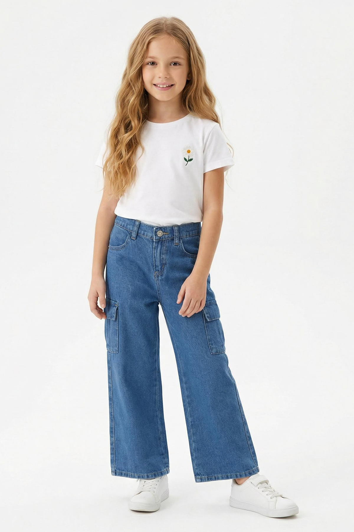 TRENDYOLKIDS Dziewczęce granatowe spodnie dżinsowe z szerokimi nogawkami, kie...