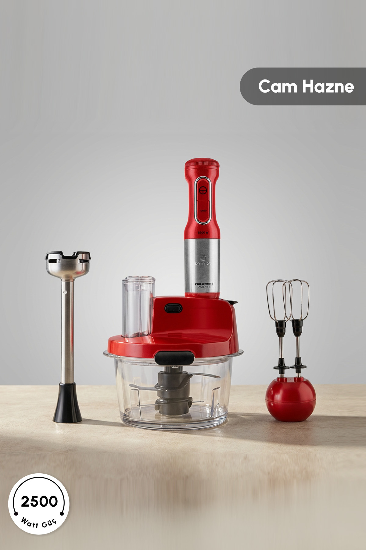 Mastermaid Prosteel Glass Food Processor Long Blender Legs 6 Blades 2500W Imperial Red
