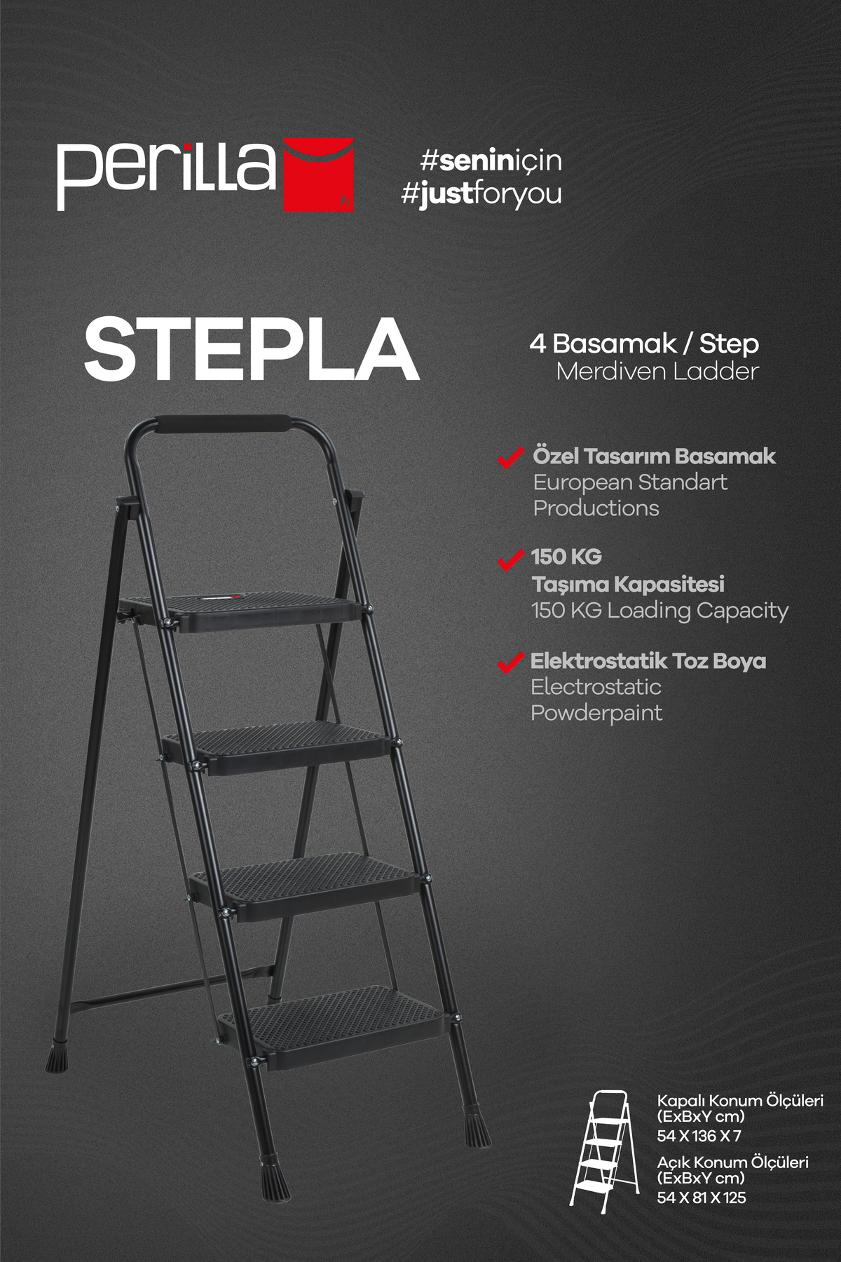 Stepla Folding Steel Ladder 4 Step Black – Home & Office Use