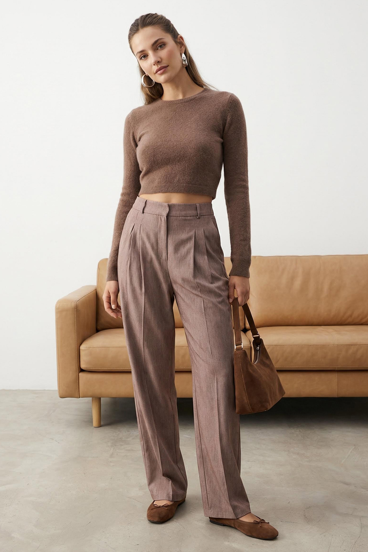 Trendyolmilla  Kahverengi Pilili Wide Leg/Geniş Paça Pantolon TWOAW26PL00015 - Görsel 2