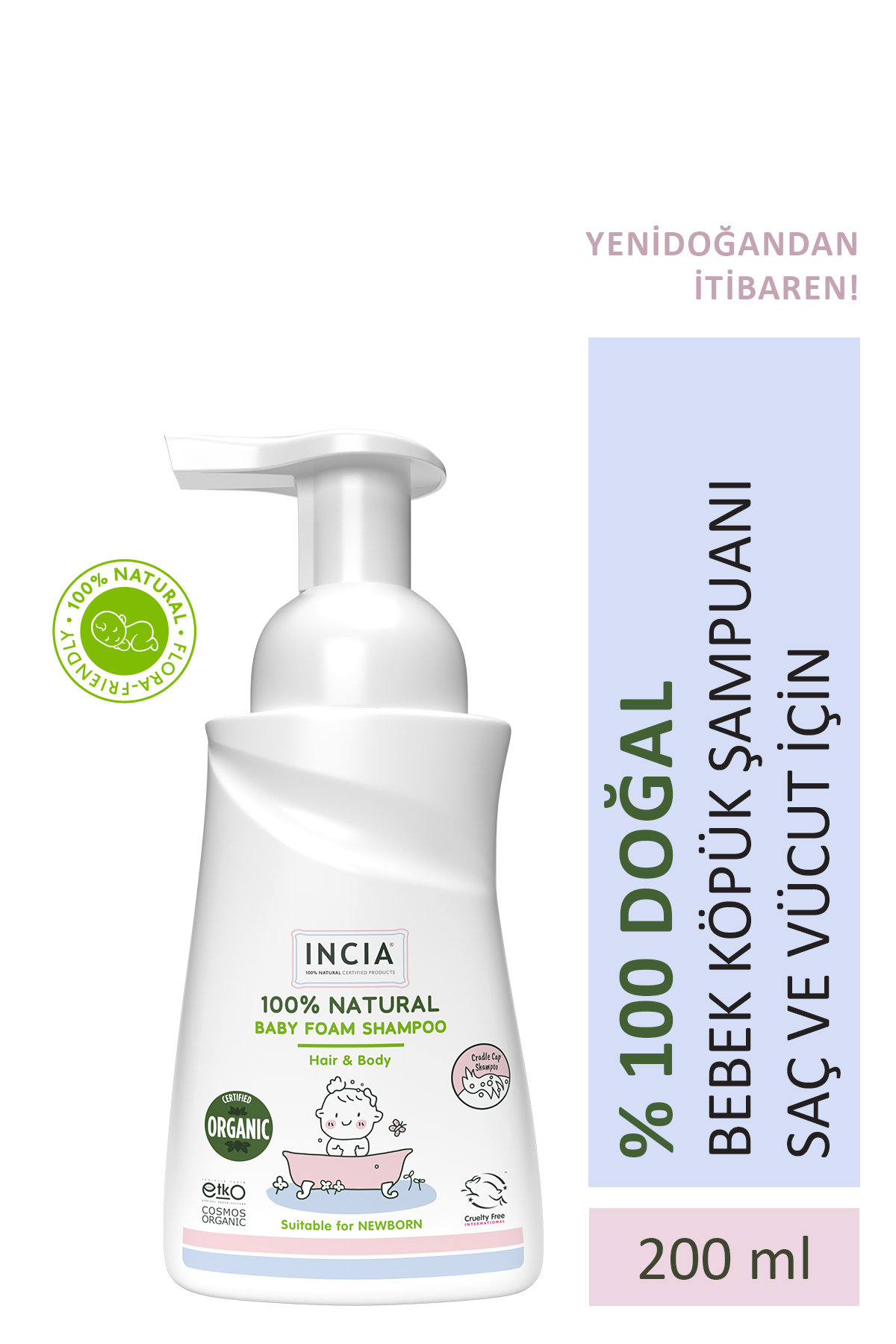 INCIA %100 Doğal Organik Sertifikalı Bebek Köpük Şampuanı Saç Vücut Lavanta Konak Önleyici Yenidoğan 200ml - Fiyatı, Yorumları