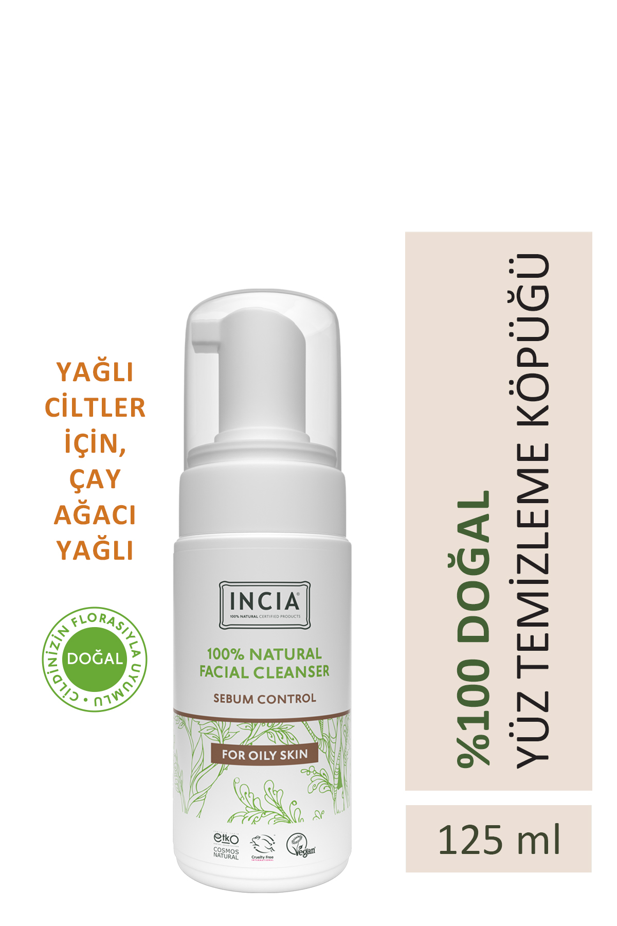 Incia %100 Doğal İpeksi Yüz Temizleme Köpüğü Makyaj Akne Siyah Nokta Sivilce Yağlı Ciltler Vegan 125 ml — 8681511090241