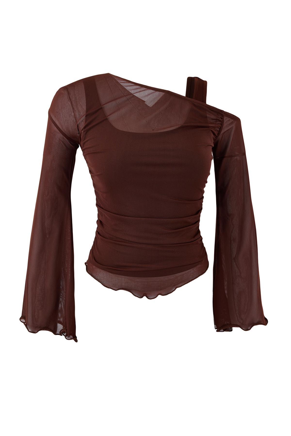 Trendyolmilla  Kahverengi Fitted/Vücuda Oturan Asimetrik Yaka Uzun Kollu Büzgülü Tül Örme Bluz TWOSS26BZ00071 - Görsel 5