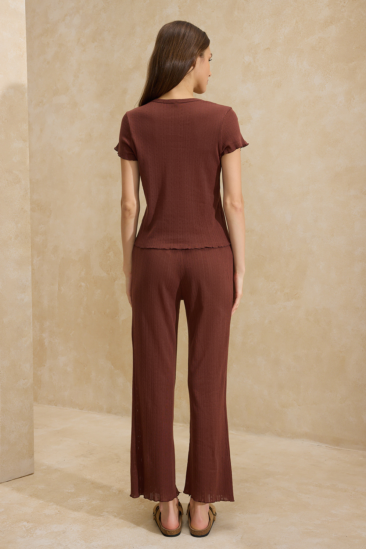 Trendyolmilla  Kahverengi %100 Pamuklu Baby Overloklu Fitilli/Pointel Örme Pijama Takımı THMSS26PT00012 - Görsel 5