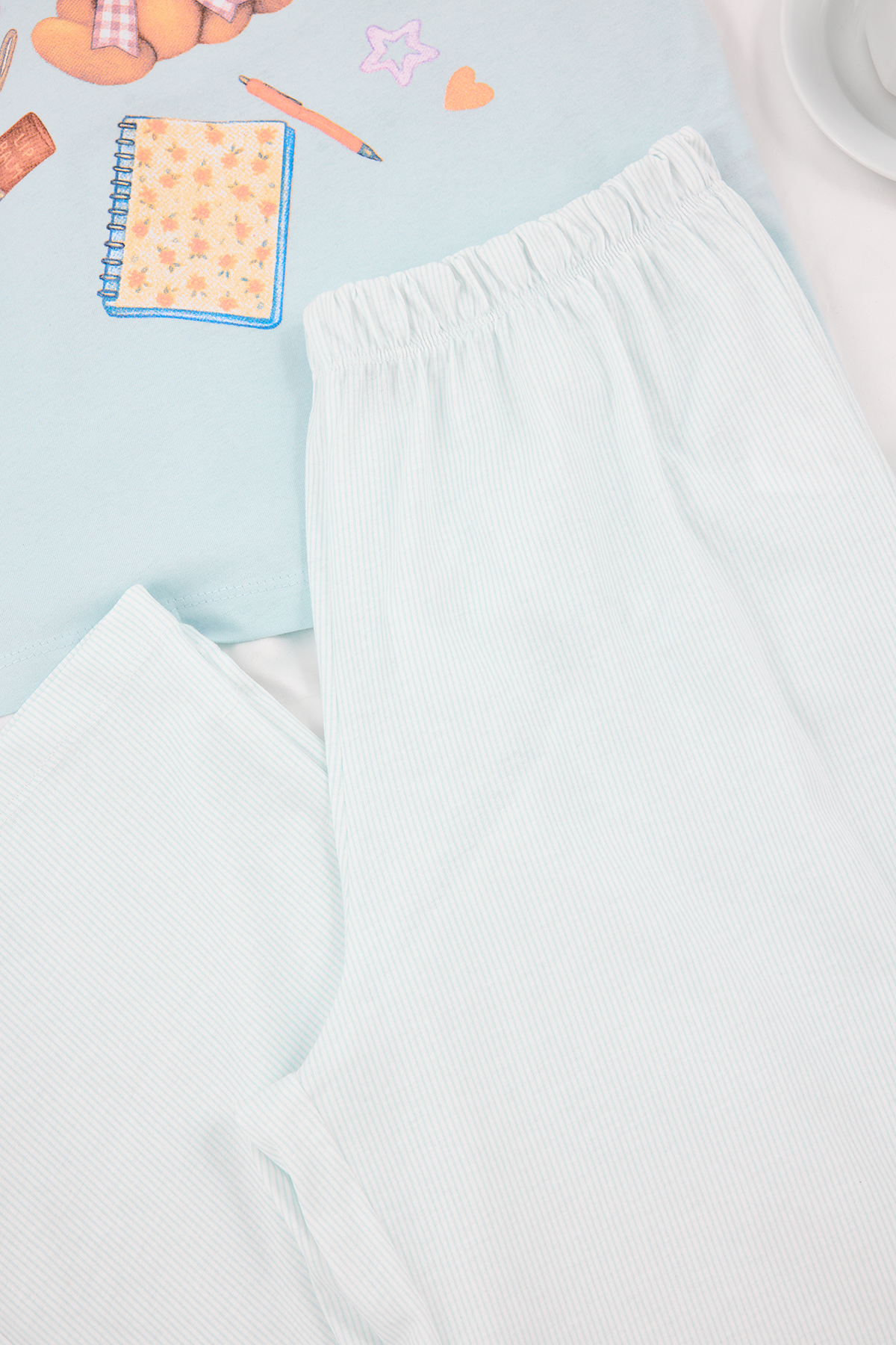 Trendyolmilla  Mavi %100 Pamuklu Çizgili ve Eğlence Desenli Örme Pijama Takımı THMSS26PT00007 - Görsel 6