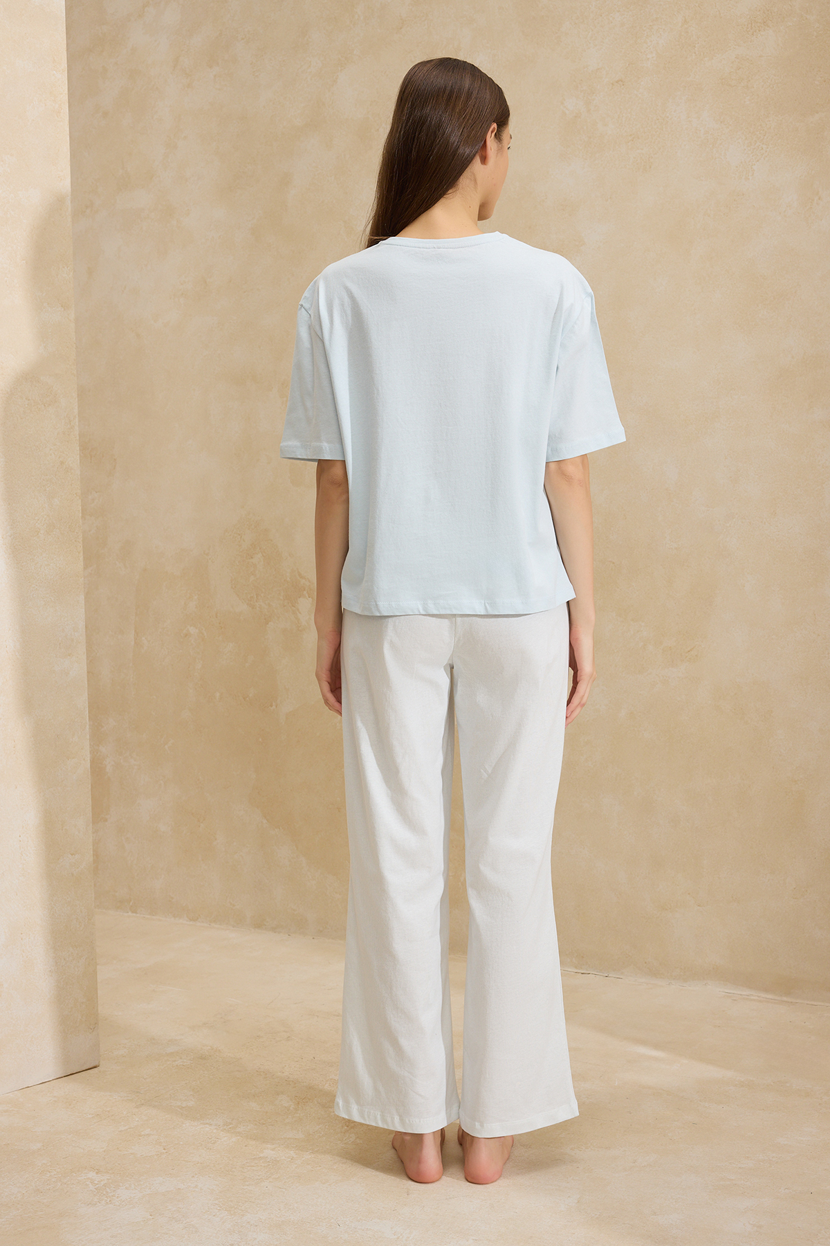 Trendyolmilla  Mavi %100 Pamuklu Çizgili ve Eğlence Desenli Örme Pijama Takımı THMSS26PT00007 - Görsel 4