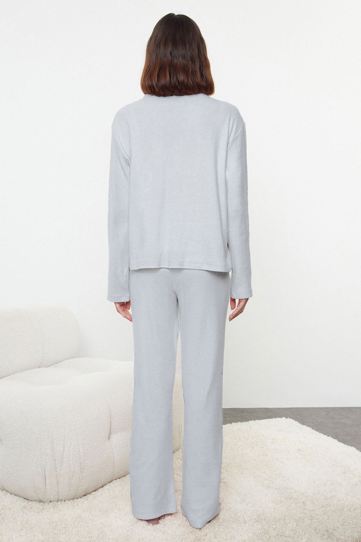 Trendyolmilla  Mavi Fırçalı Soft Fitilli Hırka Örme Pijama Takımı THMAW25PT00074 - Görsel 7