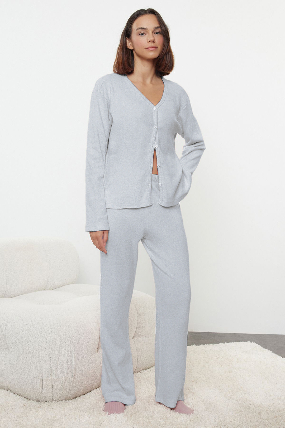 Trendyolmilla  Mavi Fırçalı Soft Fitilli Hırka Örme Pijama Takımı THMAW25PT00074 - Görsel 4