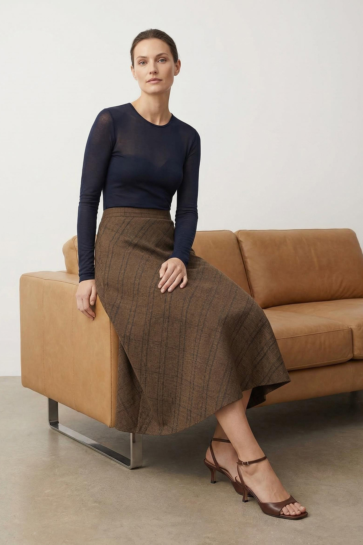 Trendyolmilla  Kahverengi Ekoseli Çan/A-Line Volanlı Dokuma Uzun Maxi Etek TWOAW26ET00165 - Görsel 2