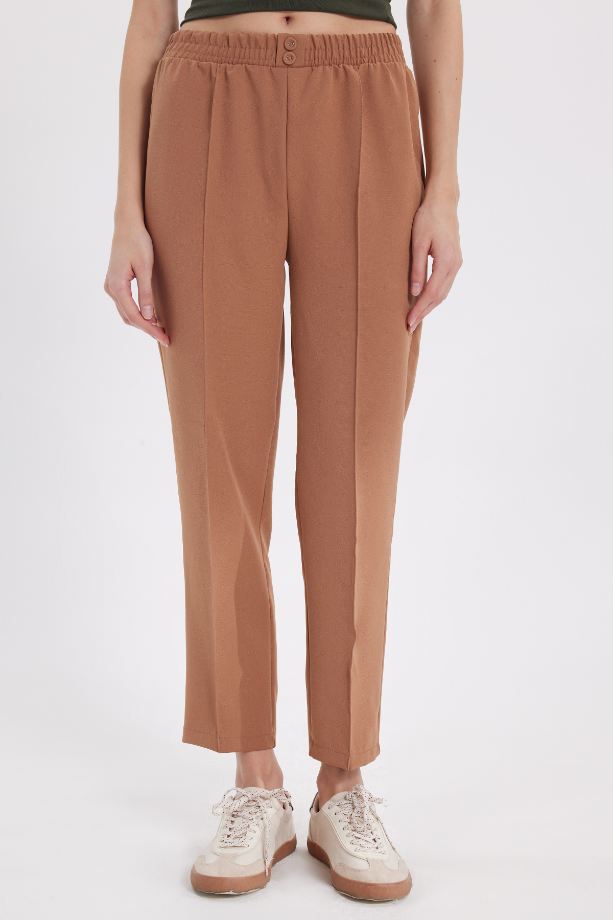 Women's Relax Fit Casual Fit High Waist Straight Leg Elastic Waist Beige Pants