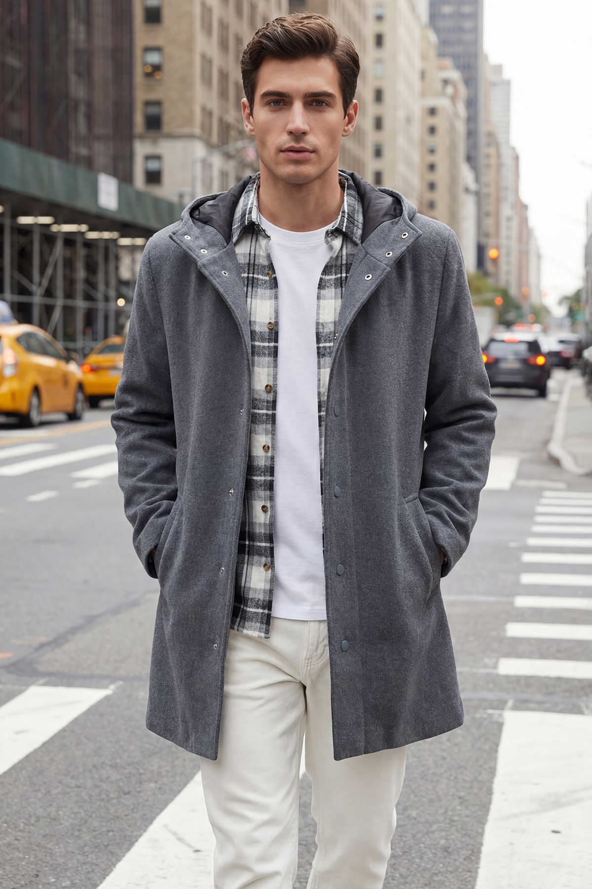 Trendyol Collection Antracytowy zimowy płaszcz męski z kapturem i domieszką w...