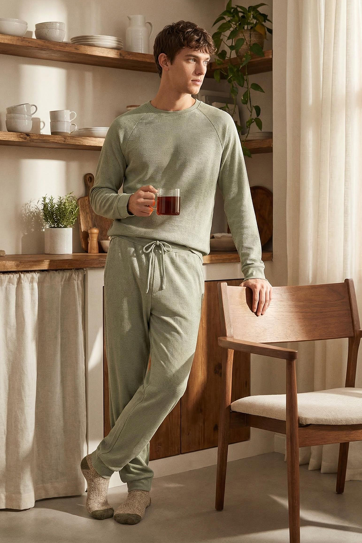 Trendyol Collection Jasnokhaki męski komplet piżamowy z dzianiny z rękawami w...