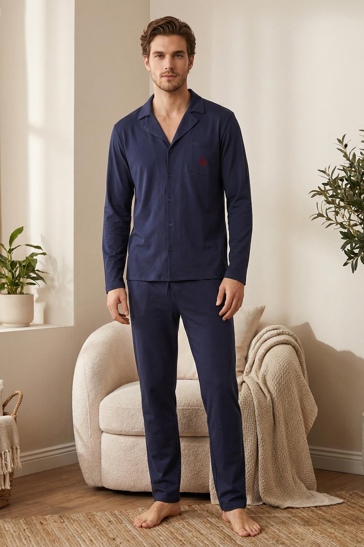 Trendyolmilla Man Lacivert Regular At Nakışlı Gömlek-Pantolon Örme Pijama Takımı TMNAW26PT00003