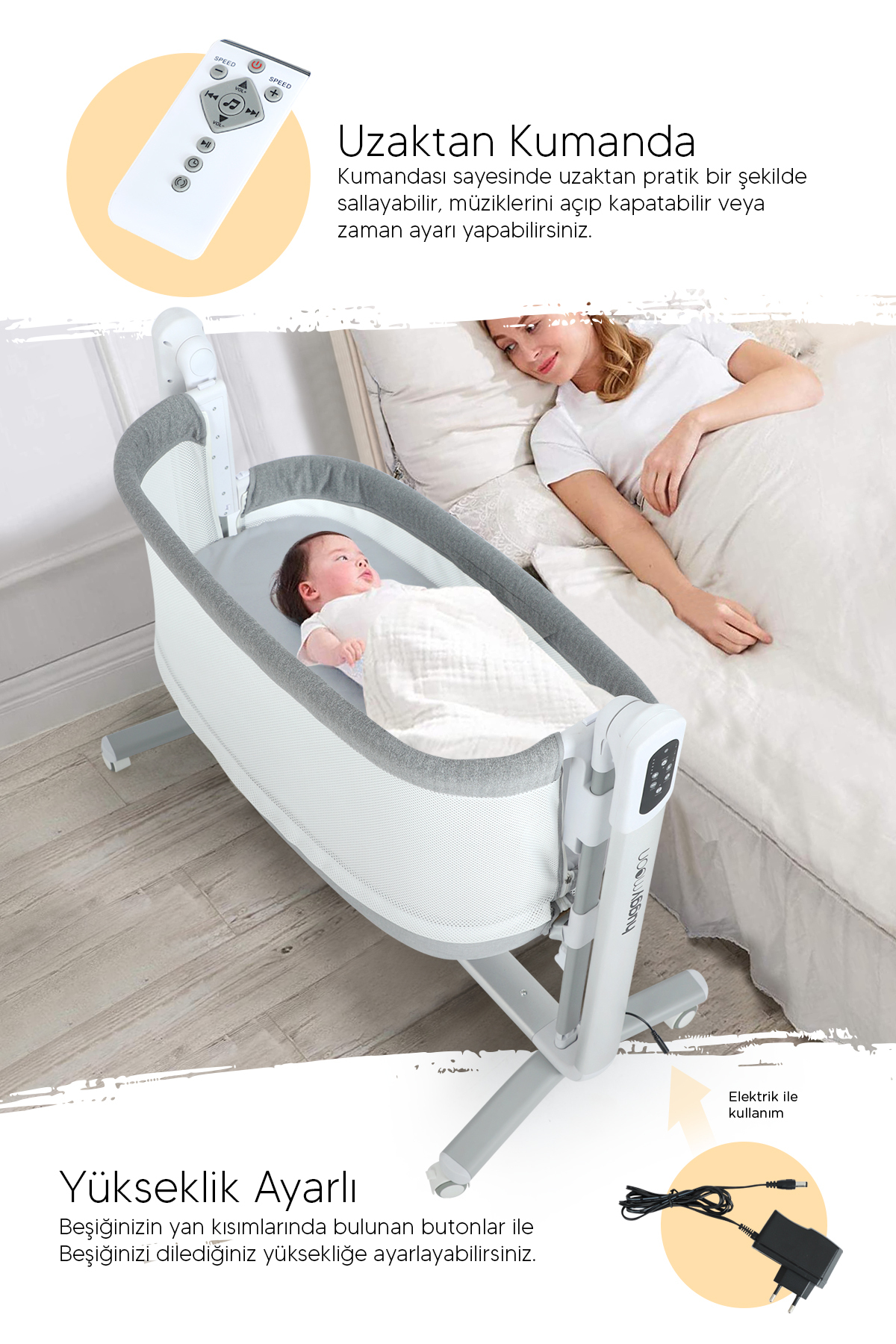 Huggy Bej Moon Akıllı Beşik – Otomatik Sallanabilir, Sensörlü, Kumandalı Anne Yanı Oyun Parkı Beşik fotoğrafı 5 (önizleme)