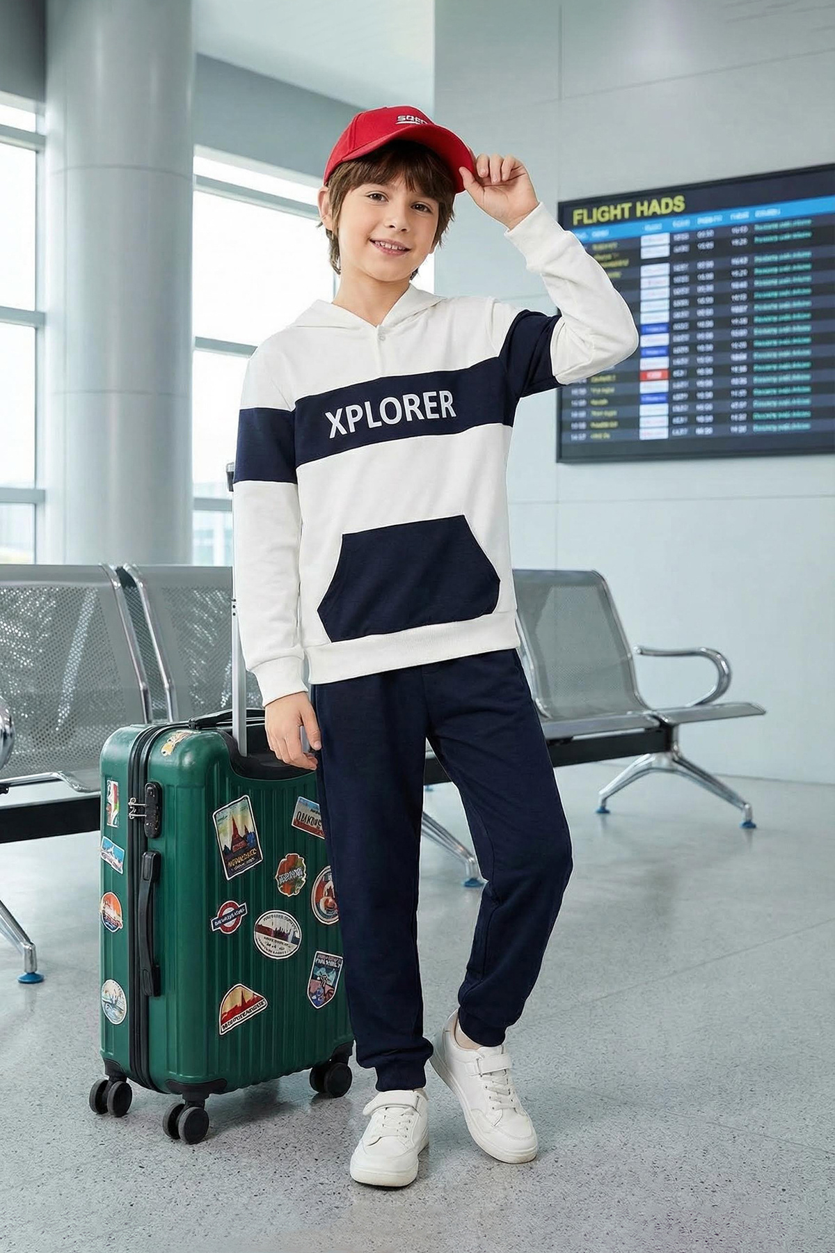 TRENDYOLKIDS Ecru Male Child Slogan Printed Kangaroo Pocket Cotton Knitted Bottom-Top Suit Tkdaw25Au00060
