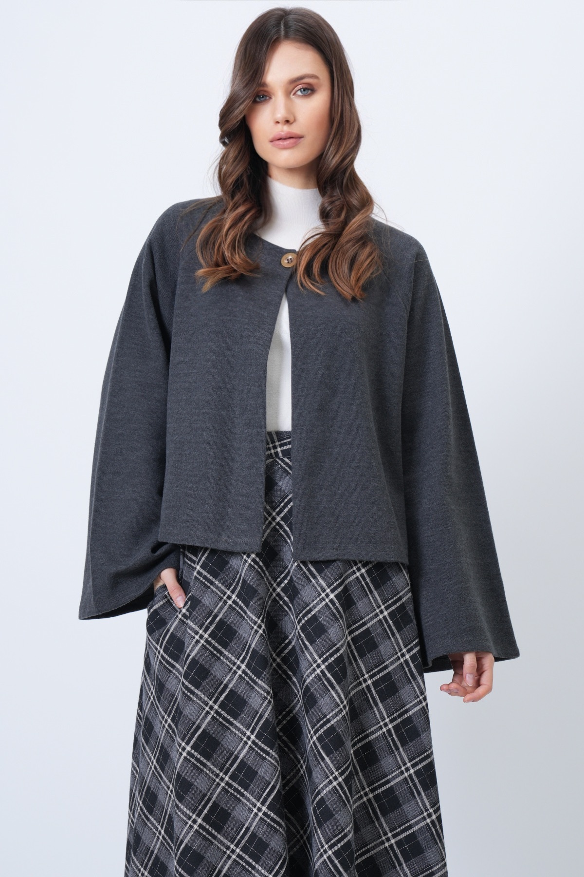 Women's Anthracite Crew Neck Wide Cut Knitwear Jacket ALC-X14712