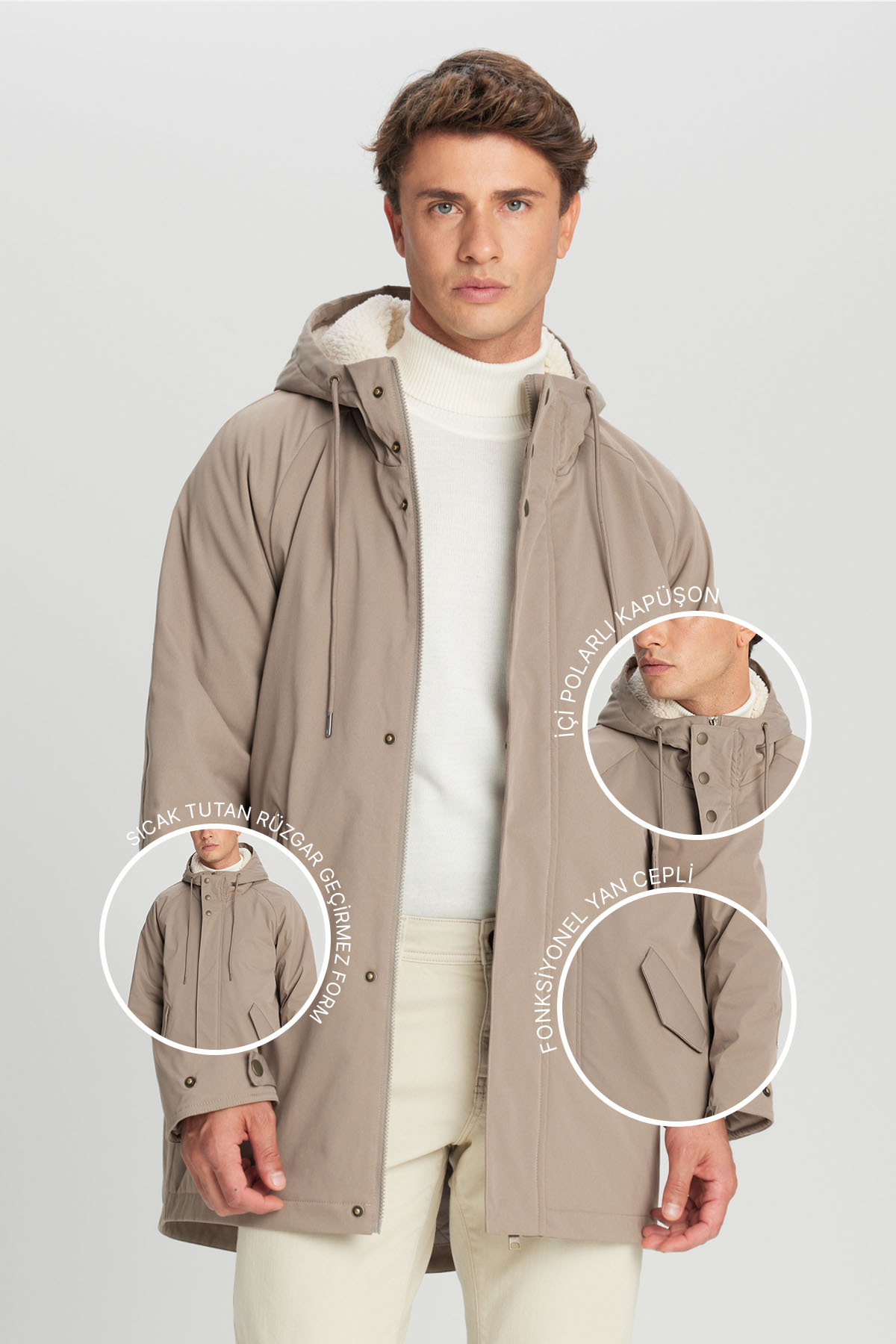 AC&Co / Altınyıldız Classics  Erkek Bej Soğuk Geçirmez Sıcak Tutan Mont Kaban Normal Kesim Kapüşonlu Dik Yaka Yan Cepli