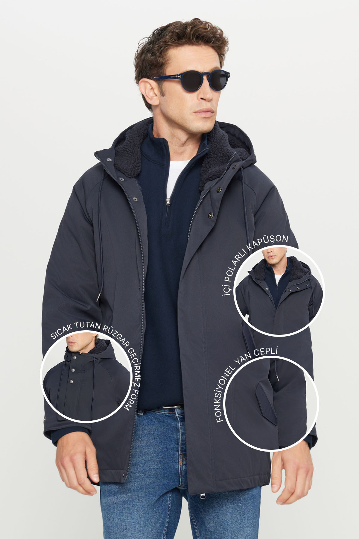 AC&Co / Altınyıldız Classics  Erkek Lacivert Soğuk Geçirmez Sıcak Tutan Mont Kaban Normal Kesim Kapüşonlu Dik Yaka Yan Cepli