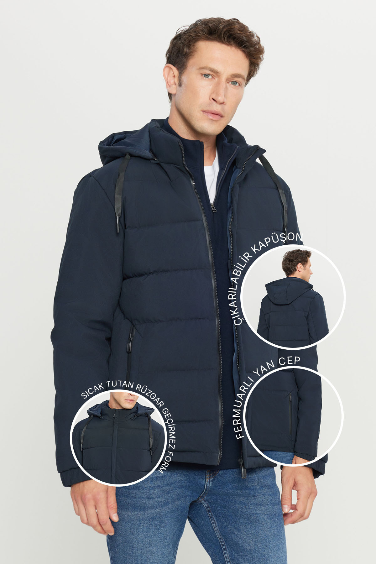 AC&Co / Altınyıldız Classics  Erkek Lacivert Sıcak Tutan Dolgulu Standart Fit Dik Yaka Kapüşonlu Yan Cepli Casual Mont